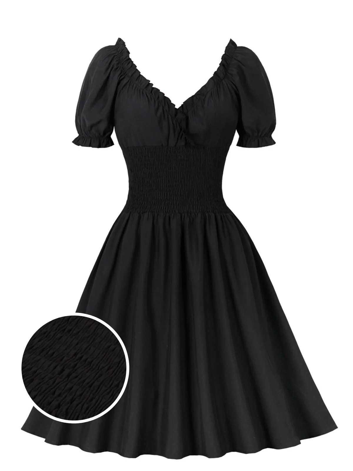 1950s Solid Smocked Waist Off-Shoulder Dress - Image 10
