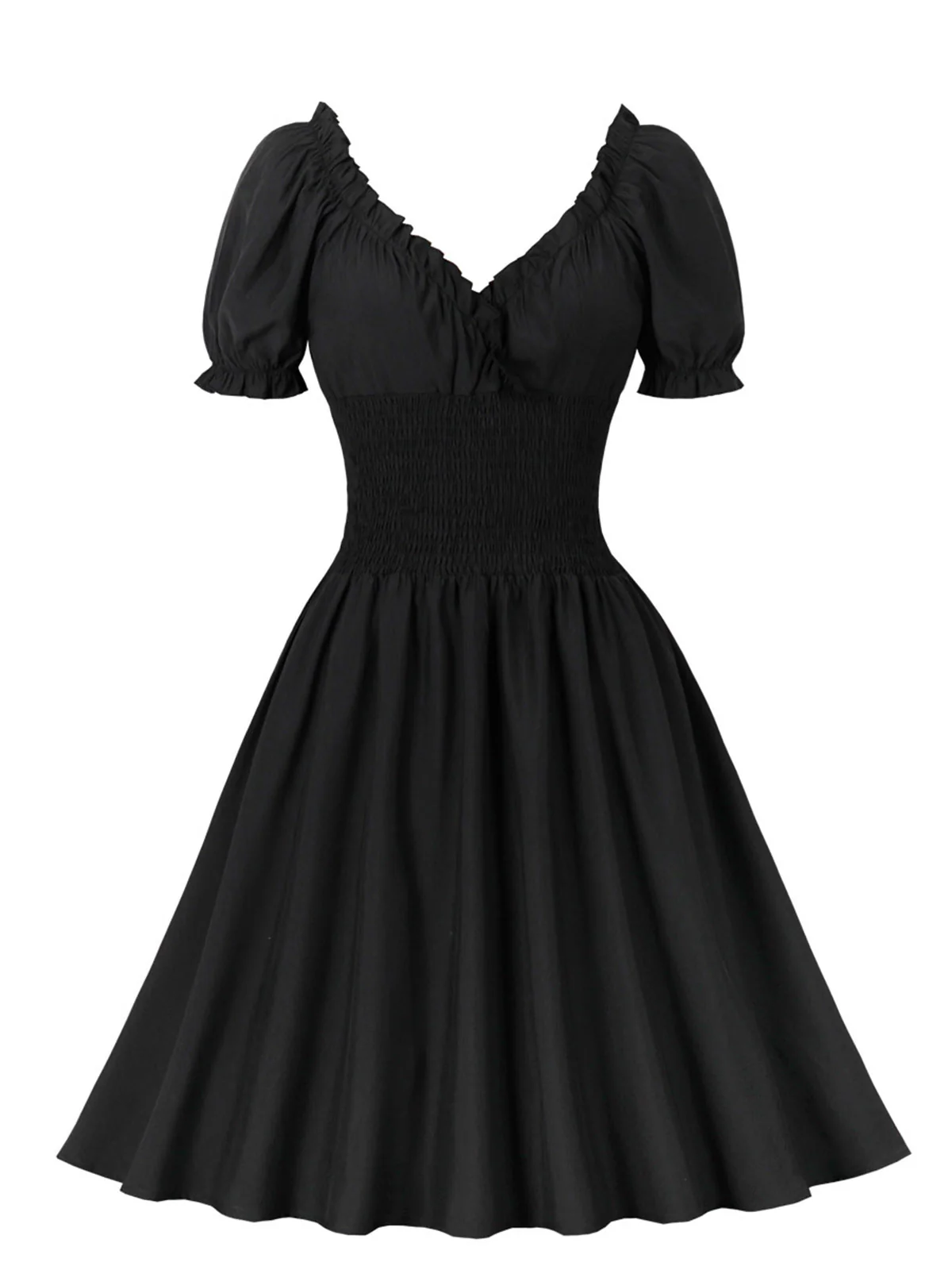 1950s Solid Smocked Waist Off-Shoulder Dress - Image 11