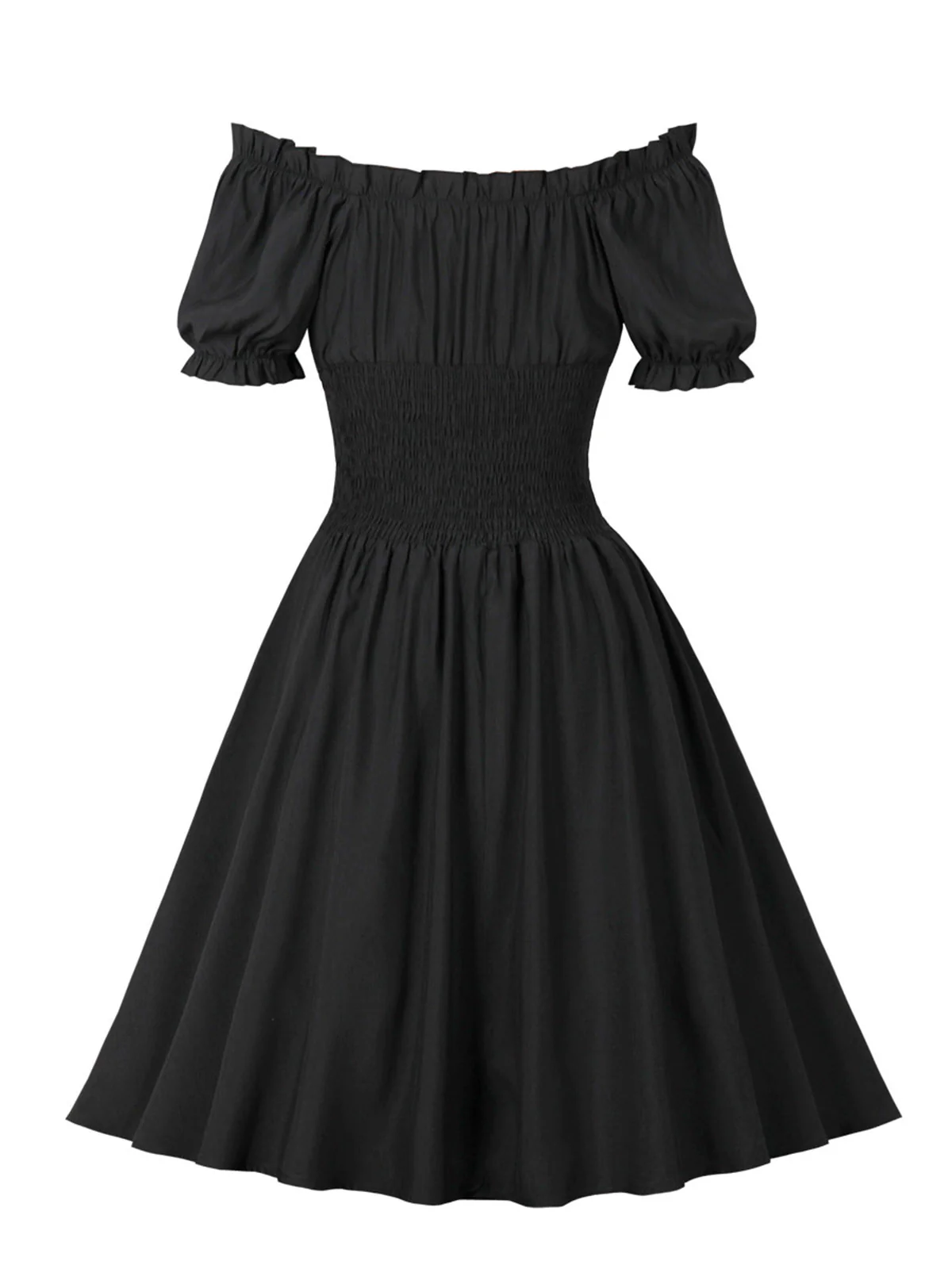 1950s Solid Smocked Waist Off-Shoulder Dress - Image 12