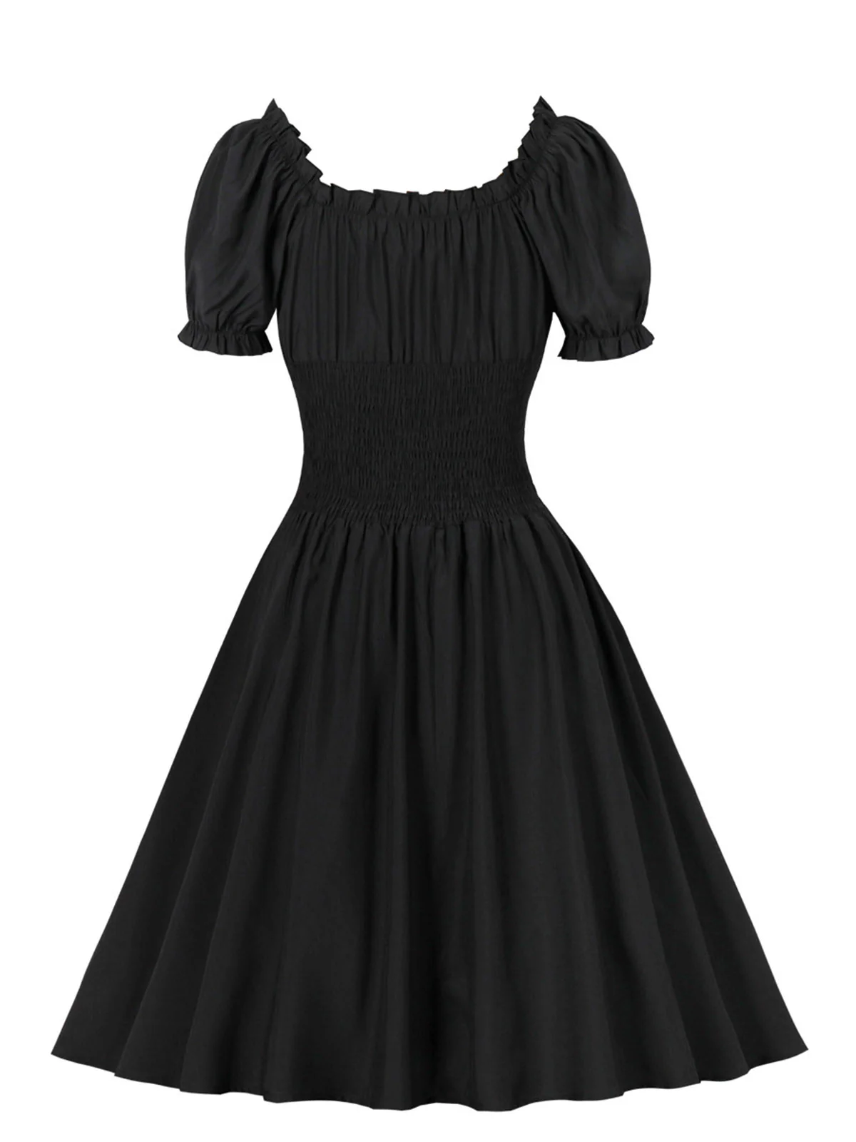 1950s Solid Smocked Waist Off-Shoulder Dress - Image 13