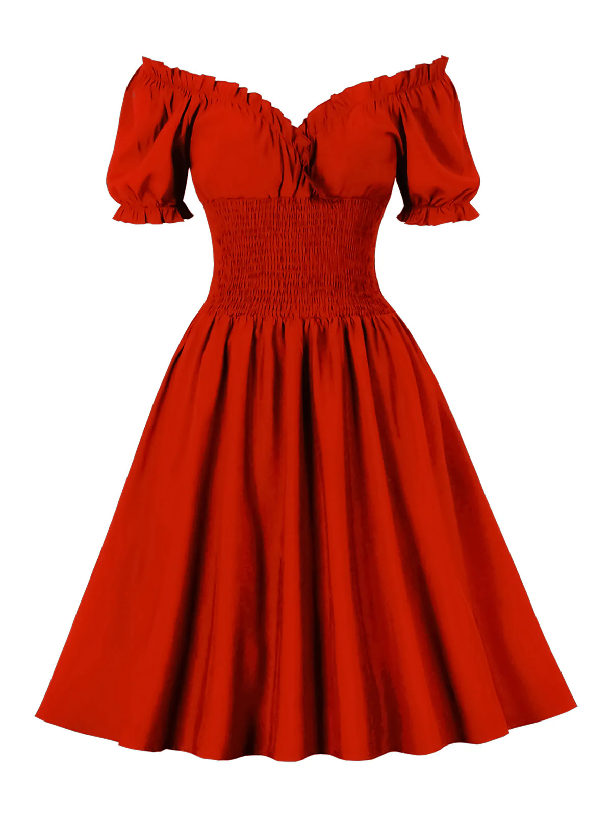 1950s Solid Smocked Waist Off-Shoulder Dress - Image 2