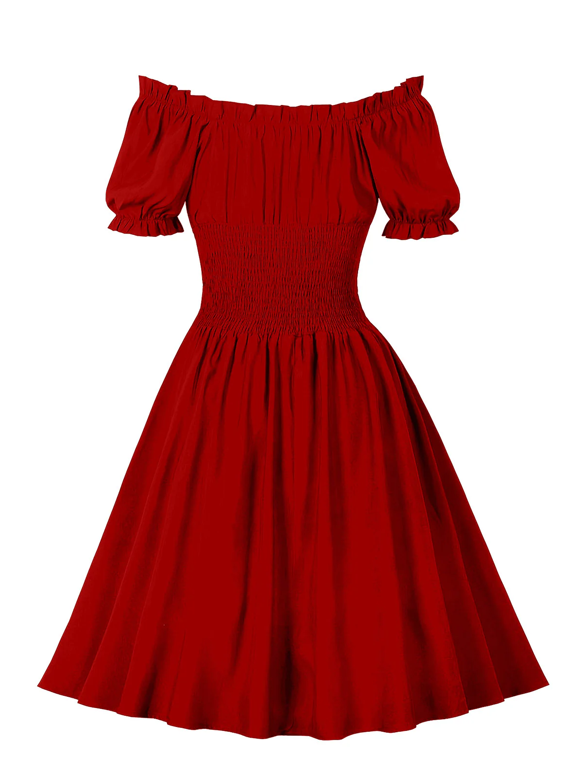 1950s Solid Smocked Waist Off-Shoulder Dress - Image 3