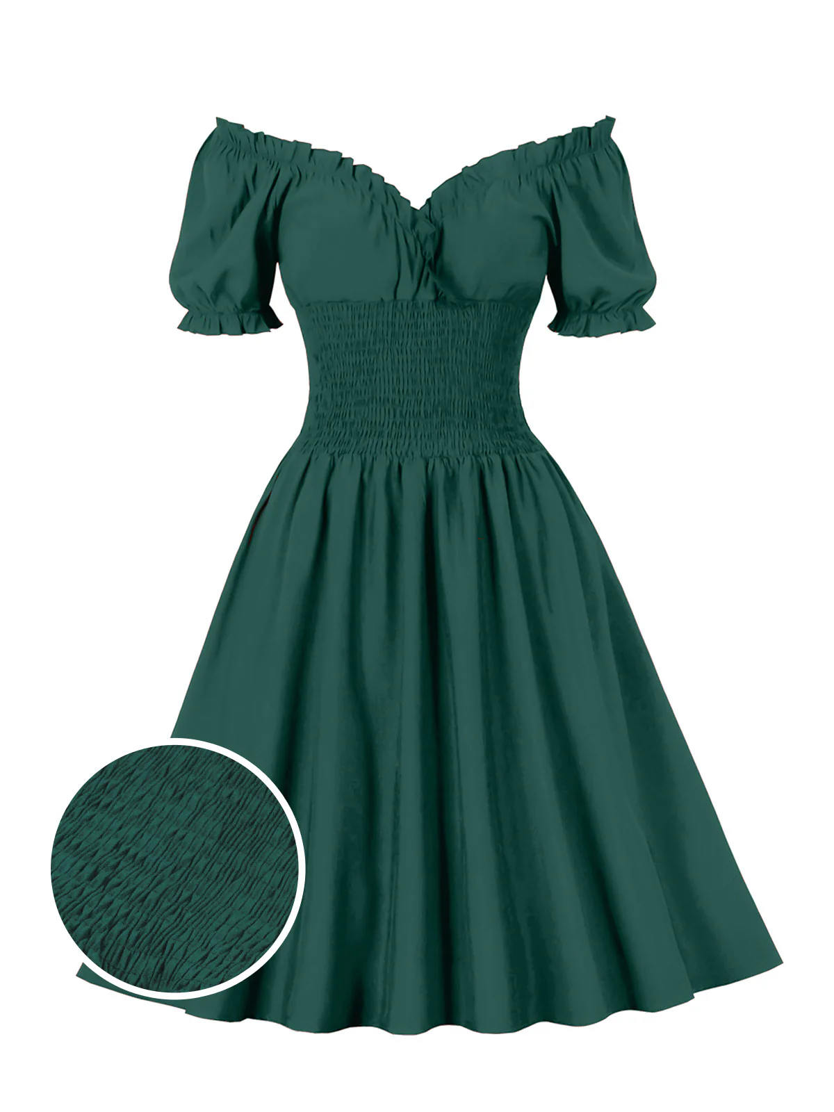 1950s Solid Smocked Waist Off-Shoulder Dress - Image 6
