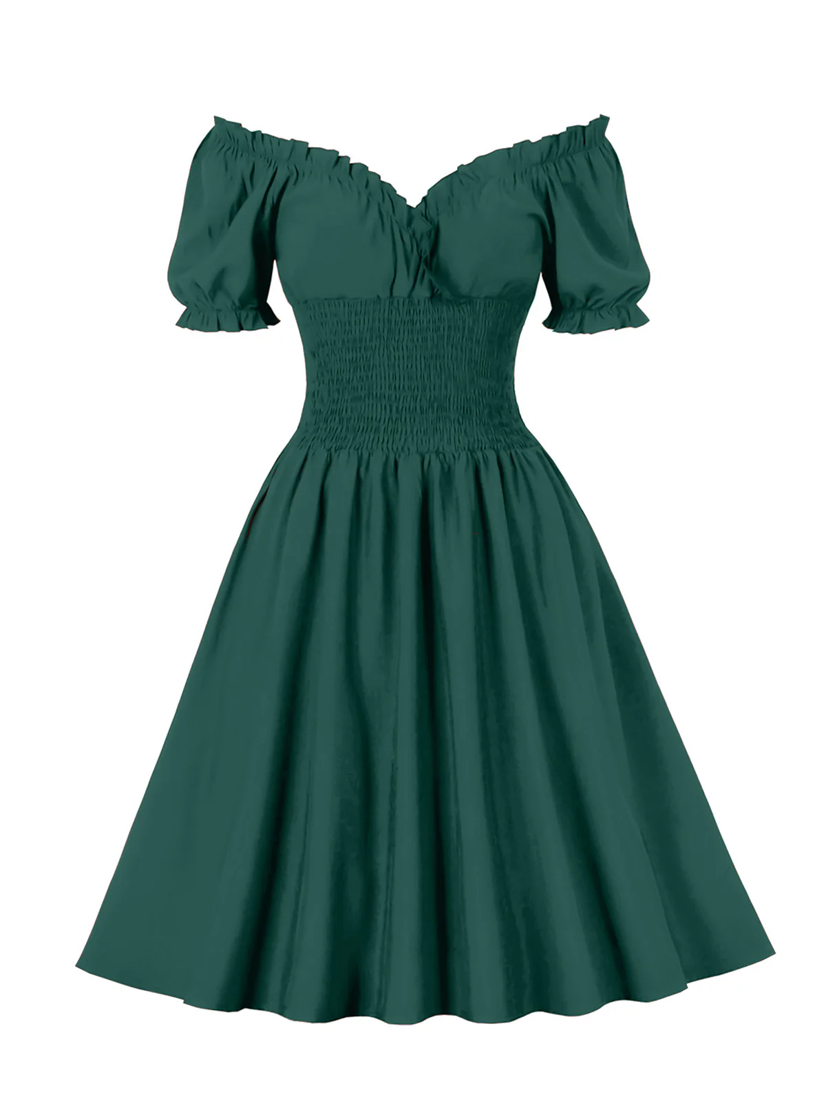 1950s Solid Smocked Waist Off-Shoulder Dress - Image 7