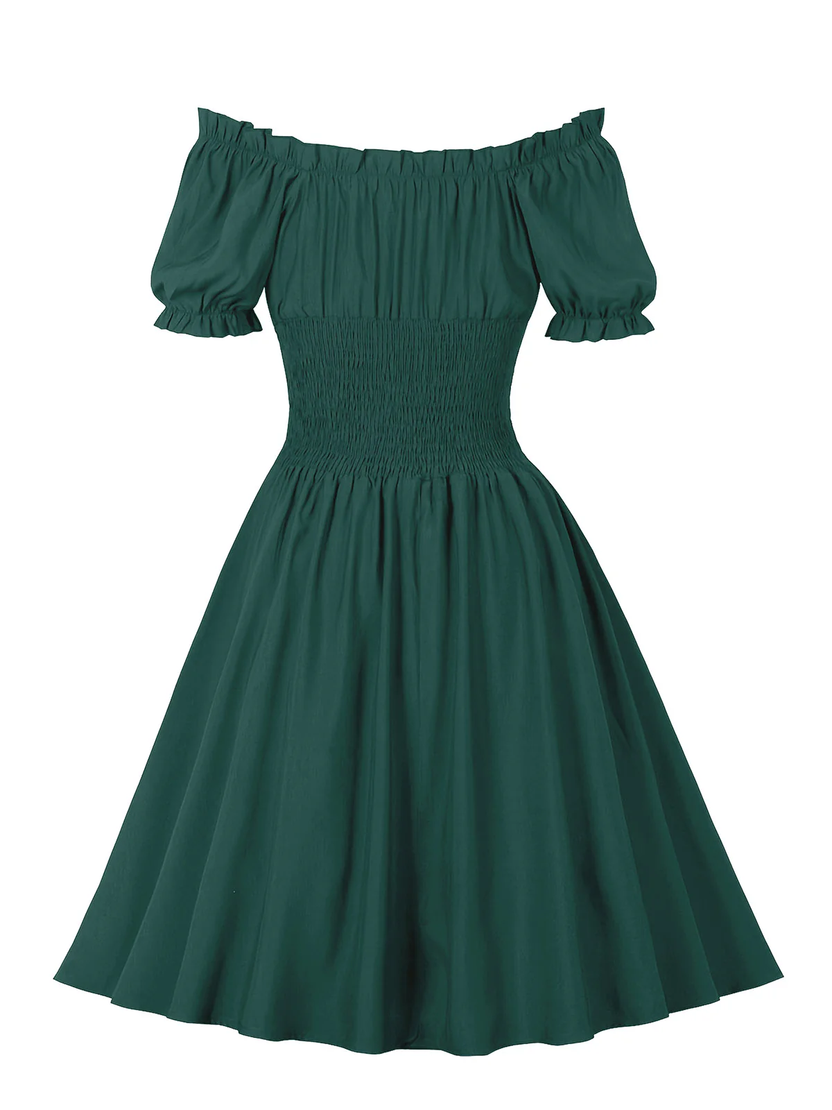 1950s Solid Smocked Waist Off-Shoulder Dress - Image 8