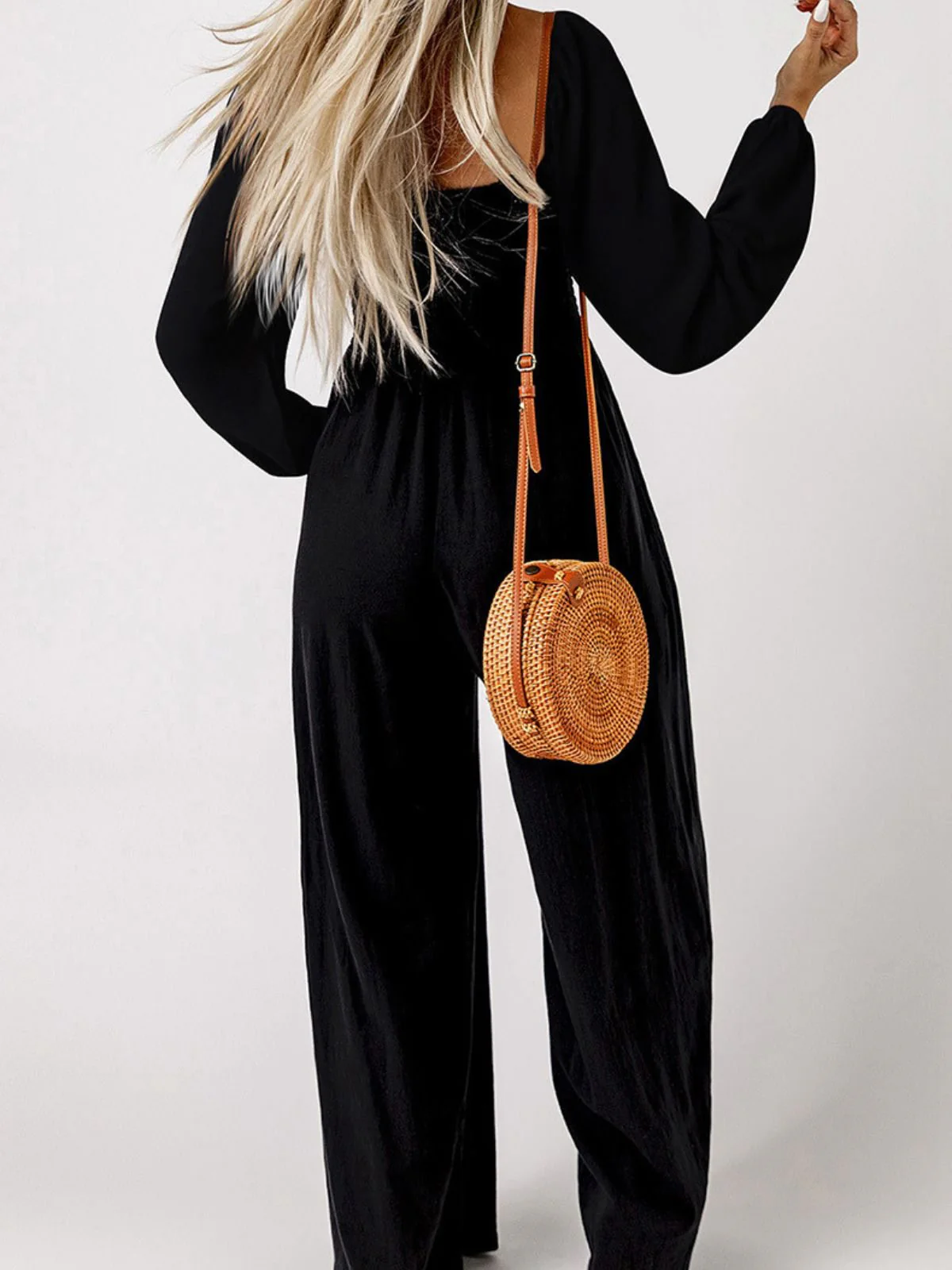 1950s Solid Square Neck Smocked Long Jumpsuit - Image 2