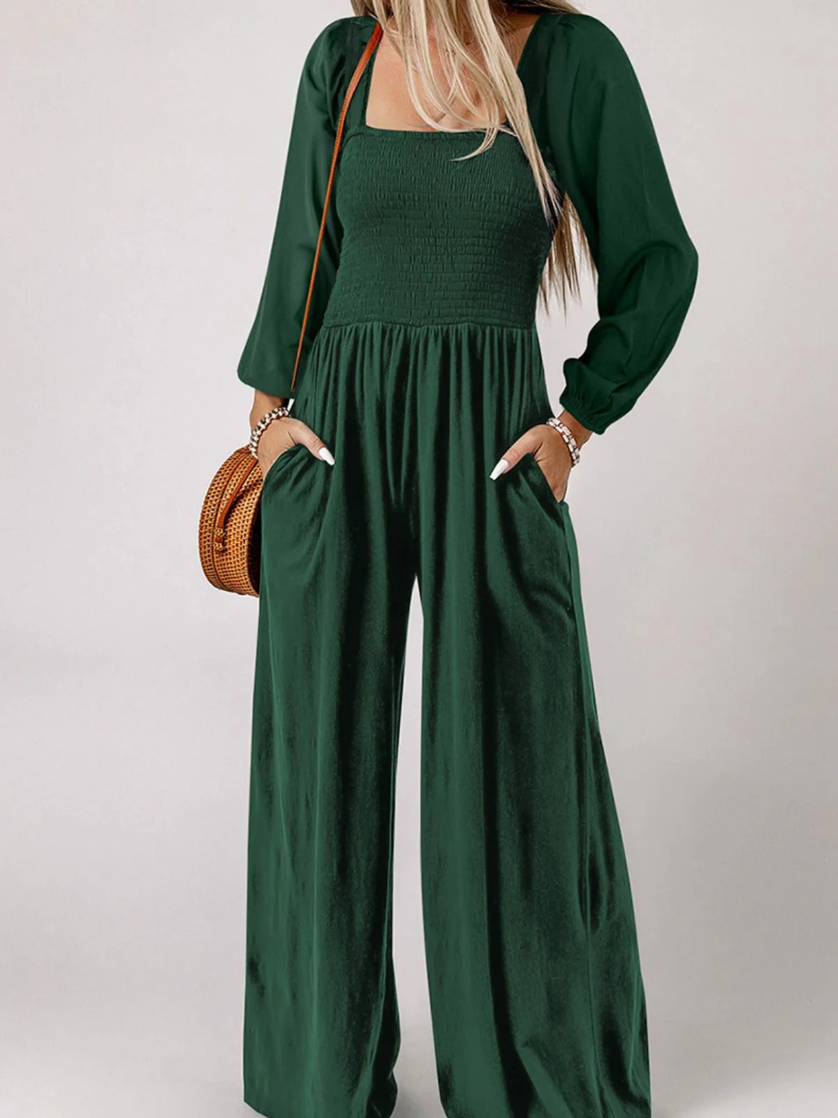 1950s Solid Square Neck Smocked Long Jumpsuit - Image 5