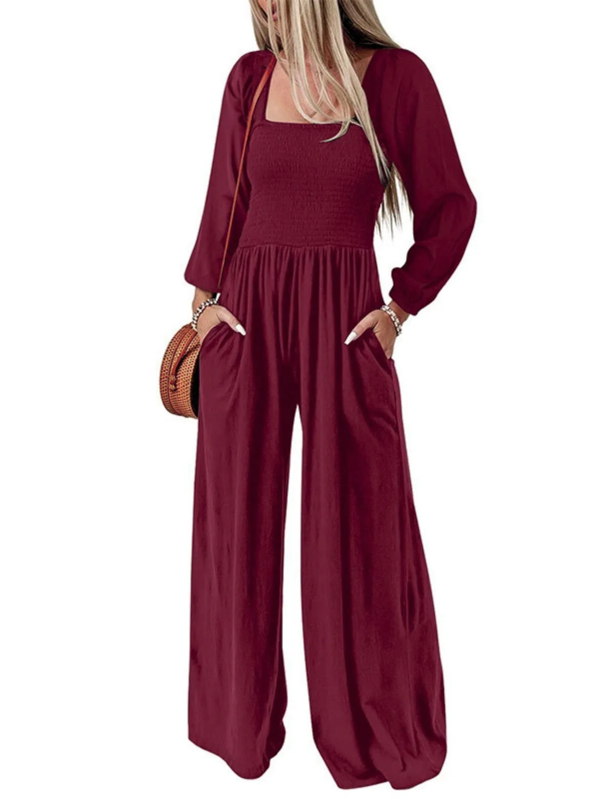 1950s Solid Square Neck Smocked Long Jumpsuit - Image 7