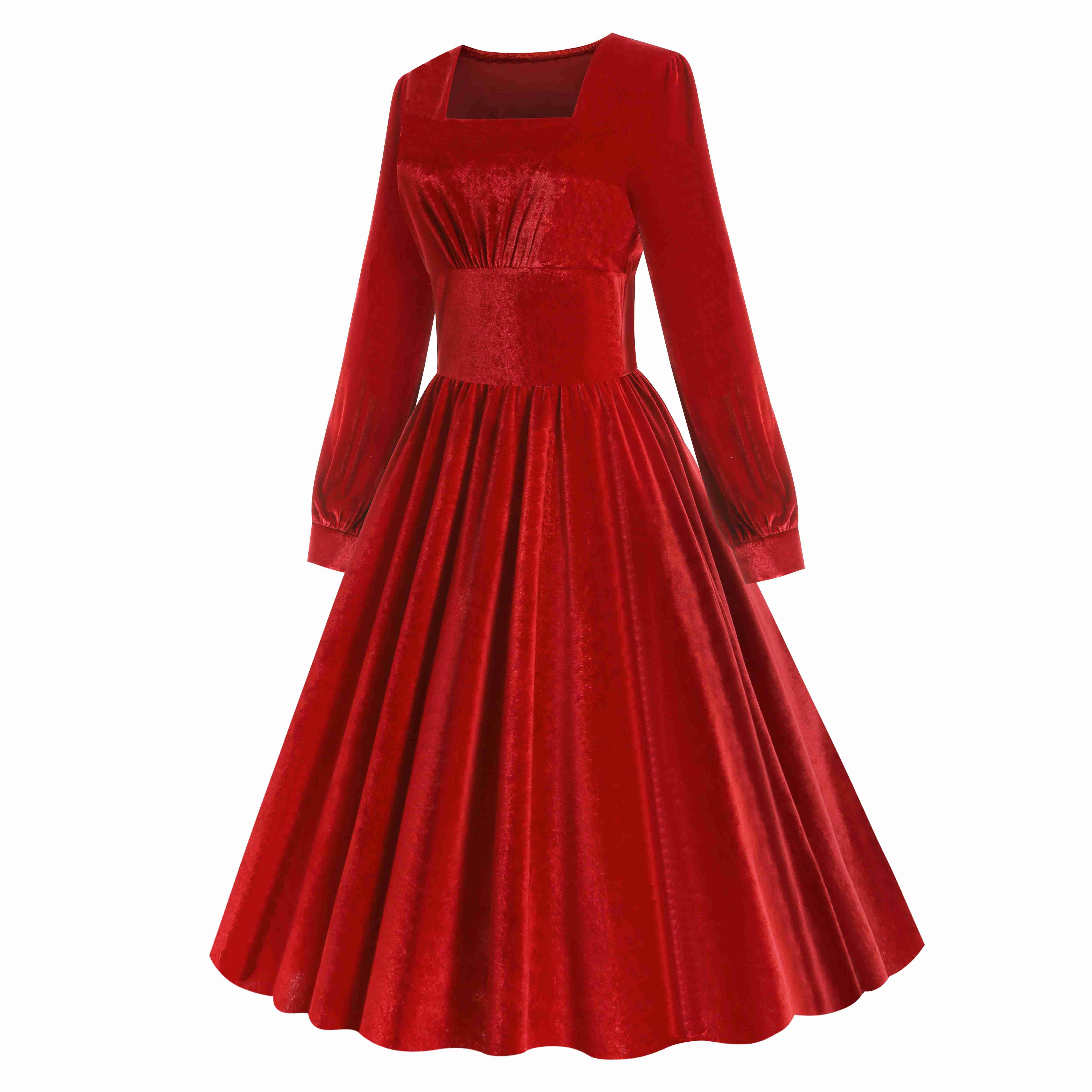 1950s Solid Square Neck Velvet Dress - Image 2