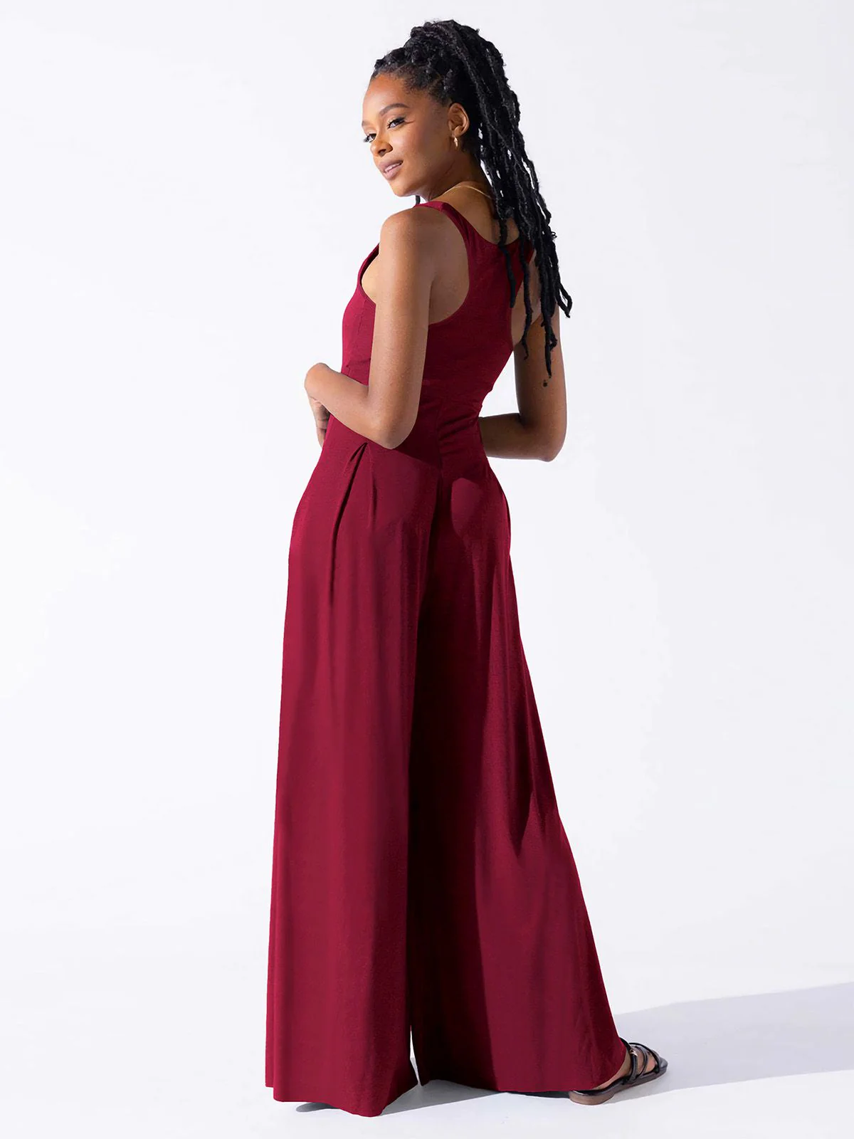 1950s Solid Square Neck Wide Strap Jumpsuit - Image 3