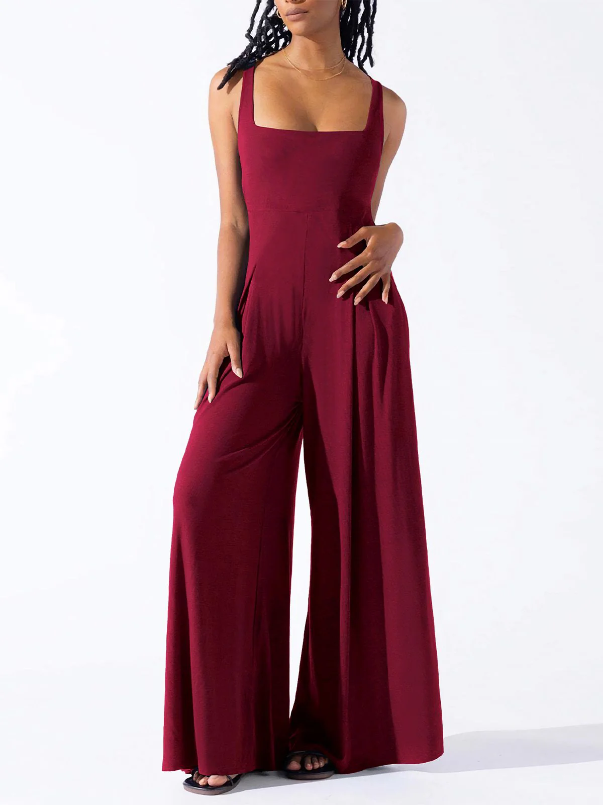 1950s Solid Square Neck Wide Strap Jumpsuit - Image 4