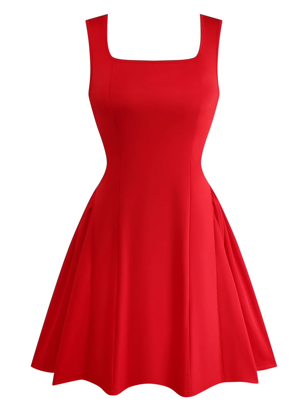 1950s Solid Square Neck Wide Strap Ruched Dress - Image 3
