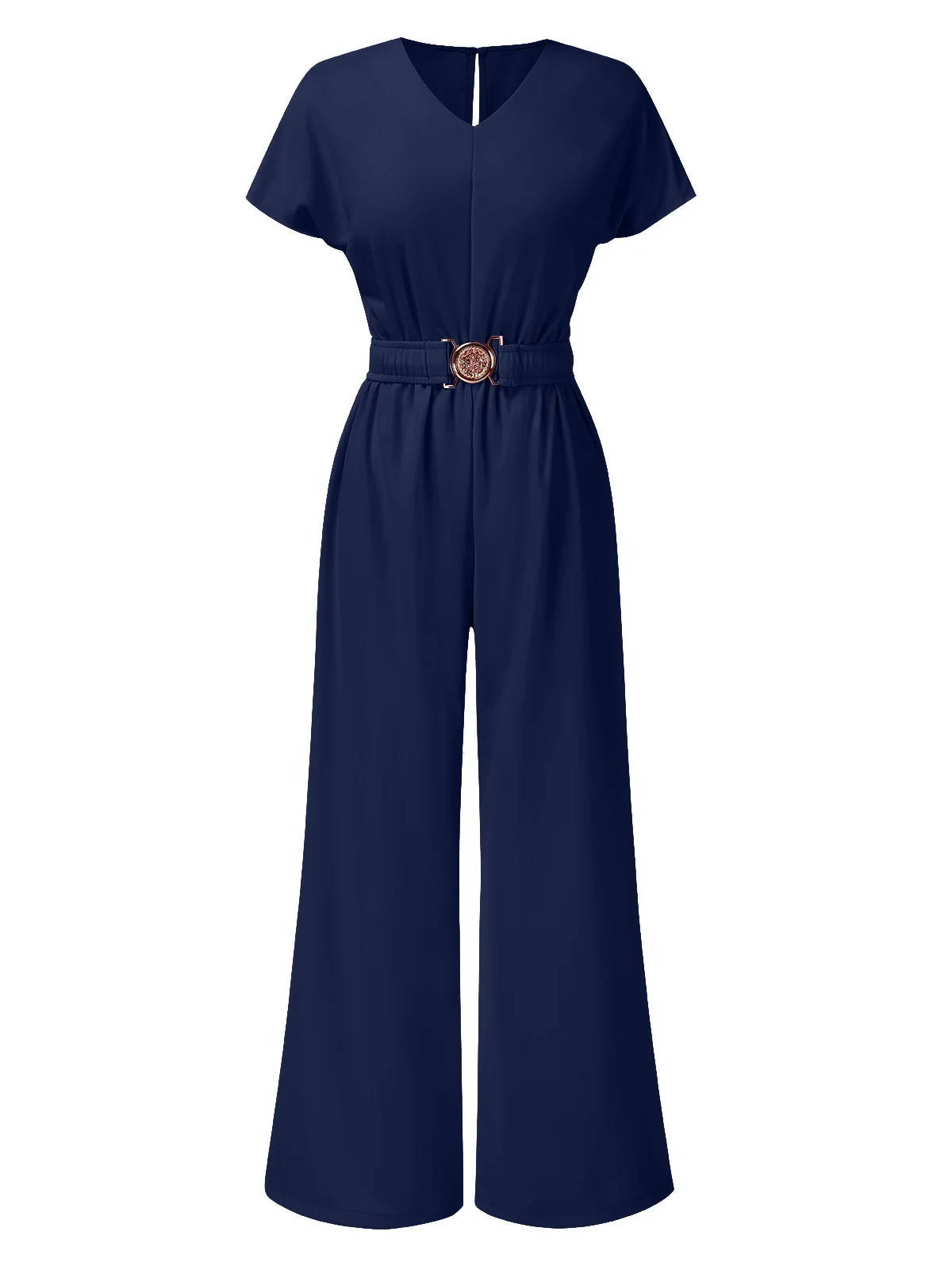 1950s Solid V-Neck Belted Jumpsuit - Image 4