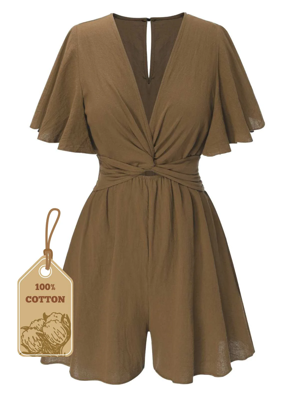 1950s Solid V-Neck Cotton Flounce Sleeve Romper - Image 5