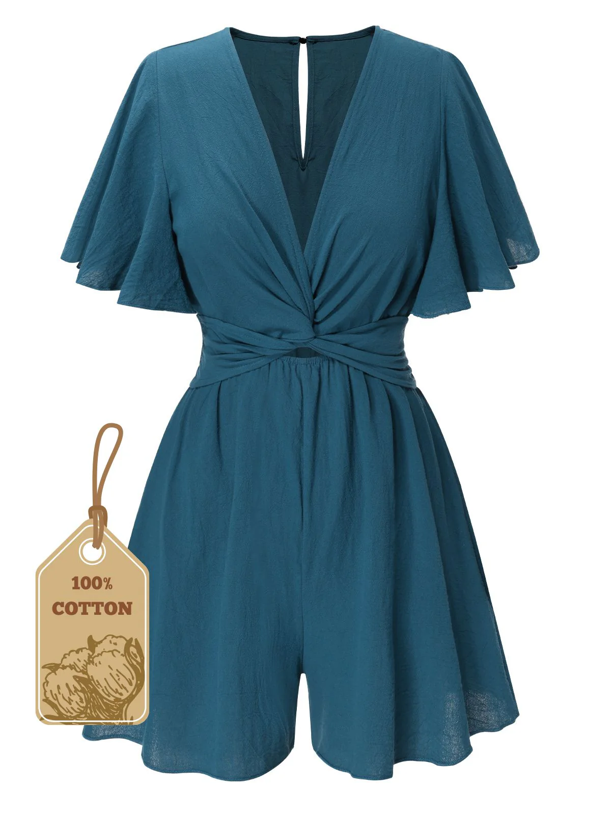 1950s Solid V-Neck Cotton Flounce Sleeve Romper - Image 5