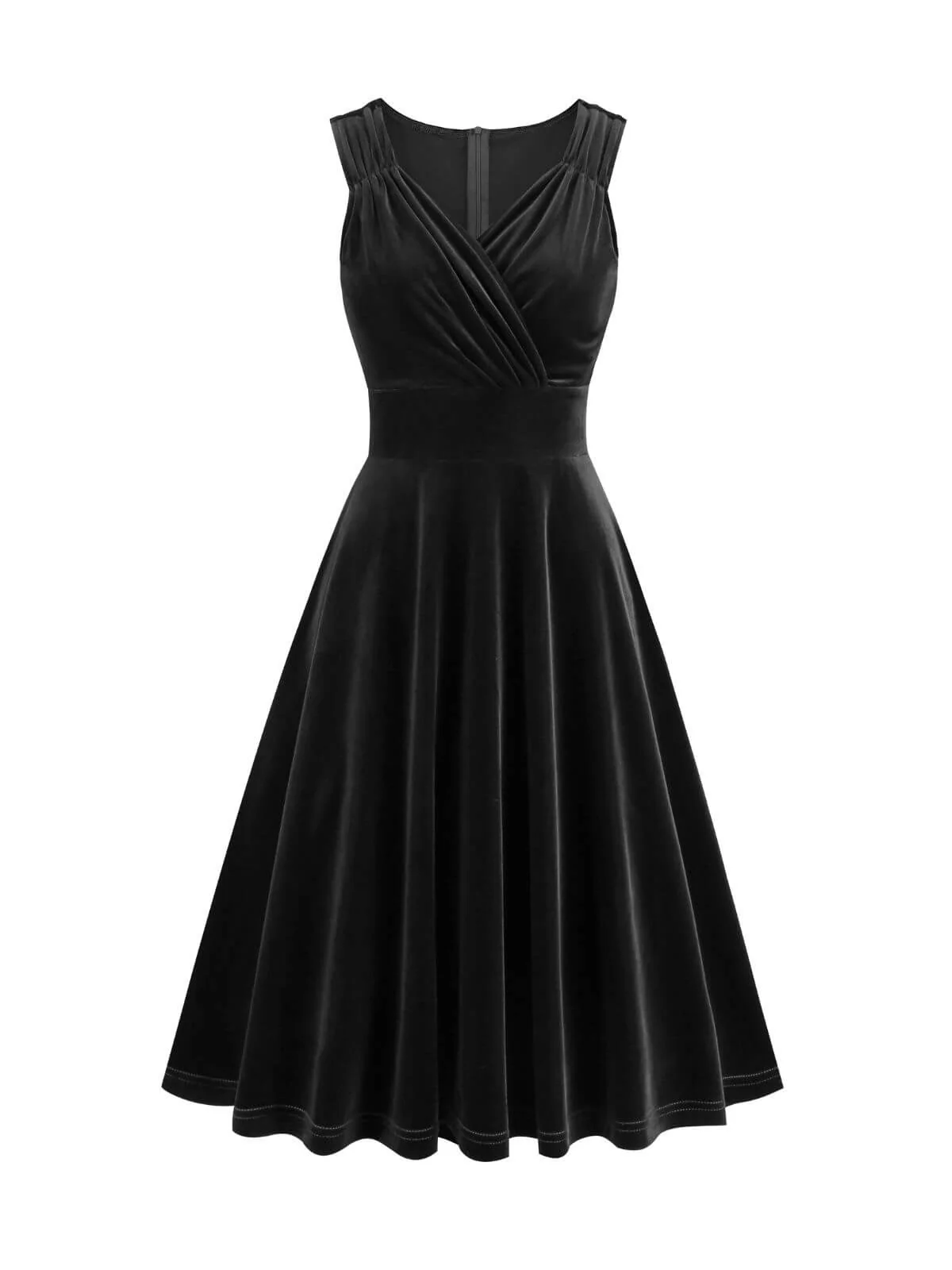 1950s Solid V-Neck Pleated Velvet Dress - Image 5