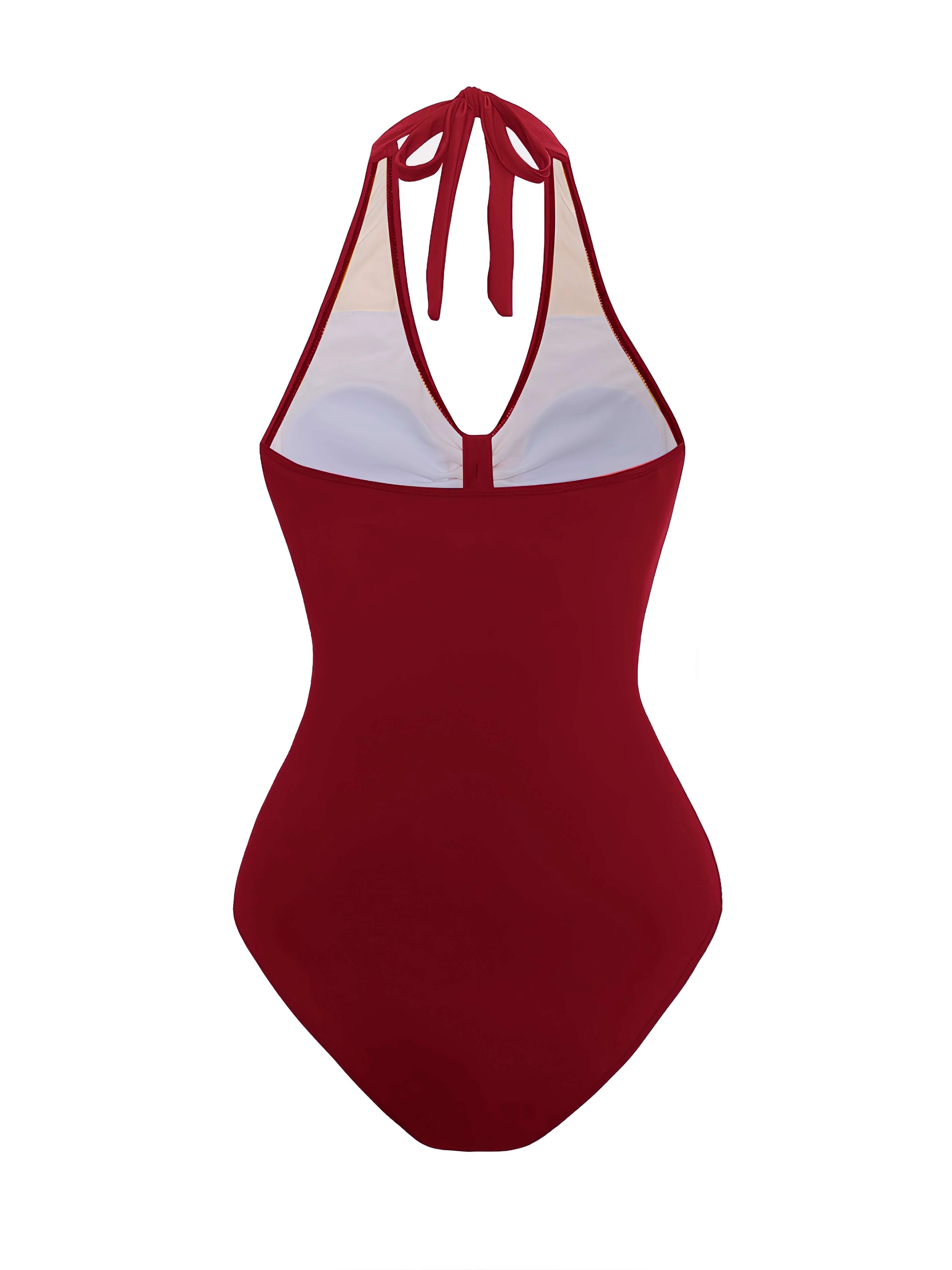 1950s Solid V-Neck Ruched Halter One-Piece Swimsuit - Image 2