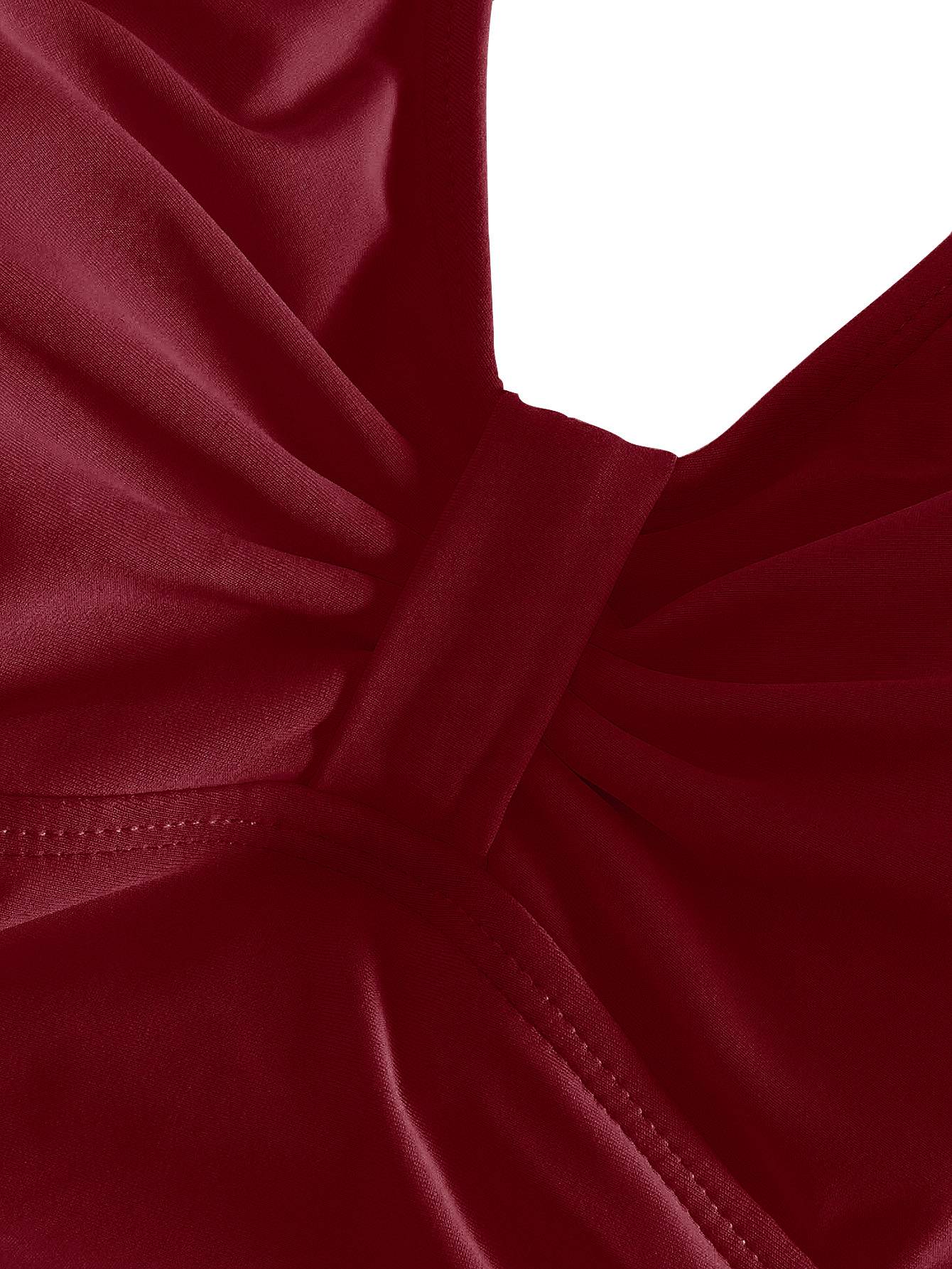 1950s Solid V-Neck Ruched Halter One-Piece Swimsuit - Image 3