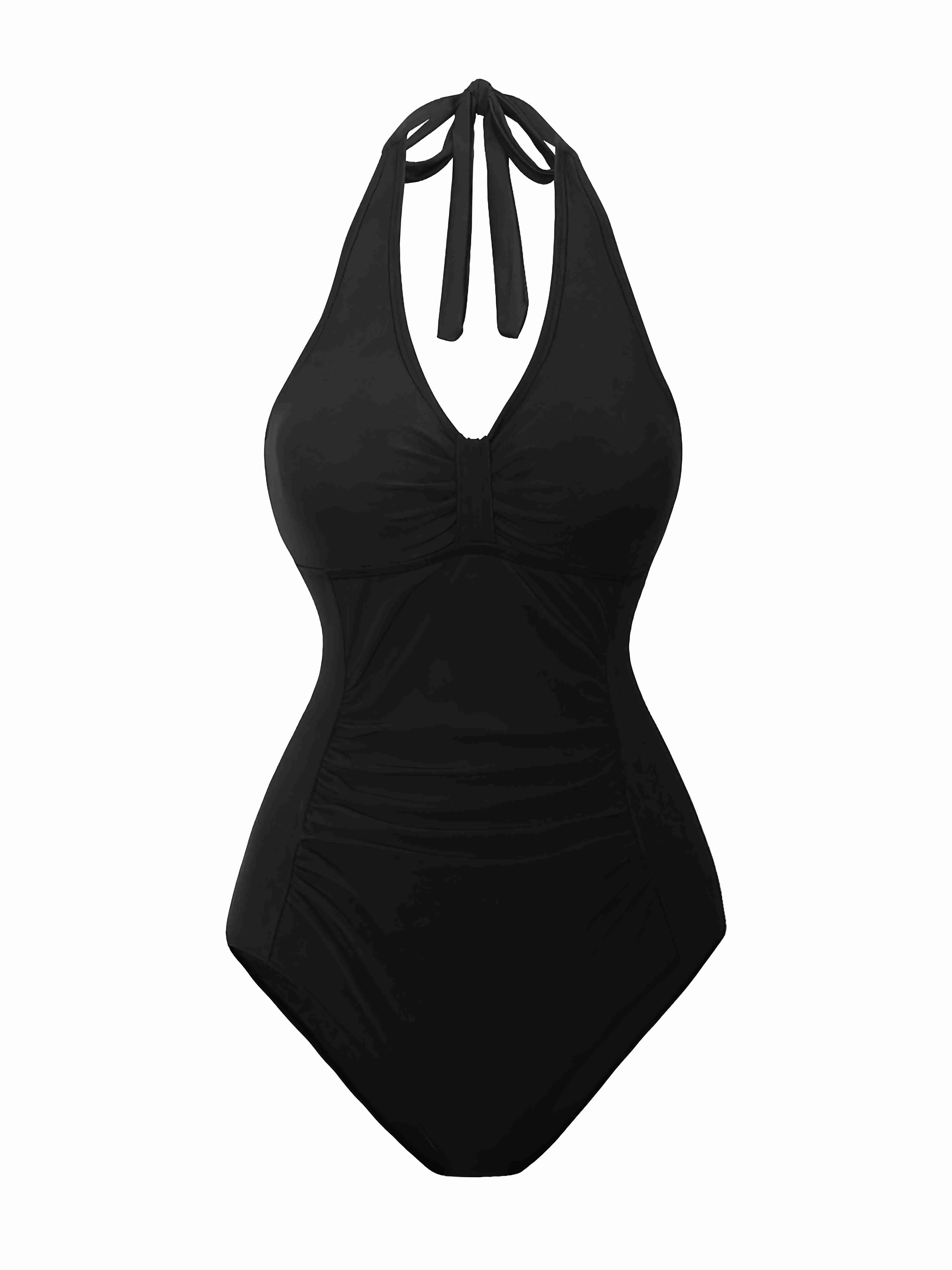 1950s Solid V-Neck Ruched Halter One-Piece Swimsuit - Image 5