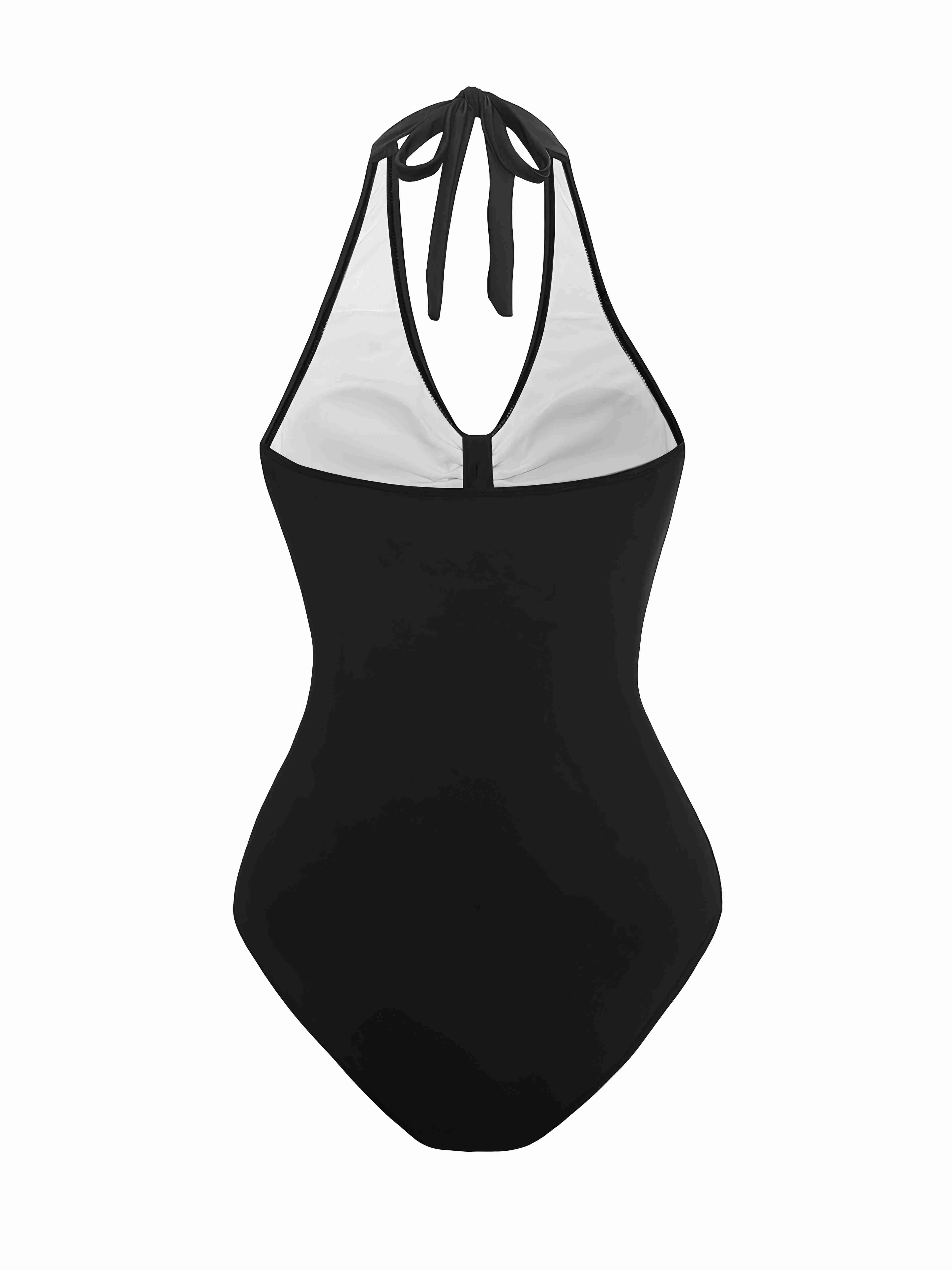 1950s Solid V-Neck Ruched Halter One-Piece Swimsuit - Image 6