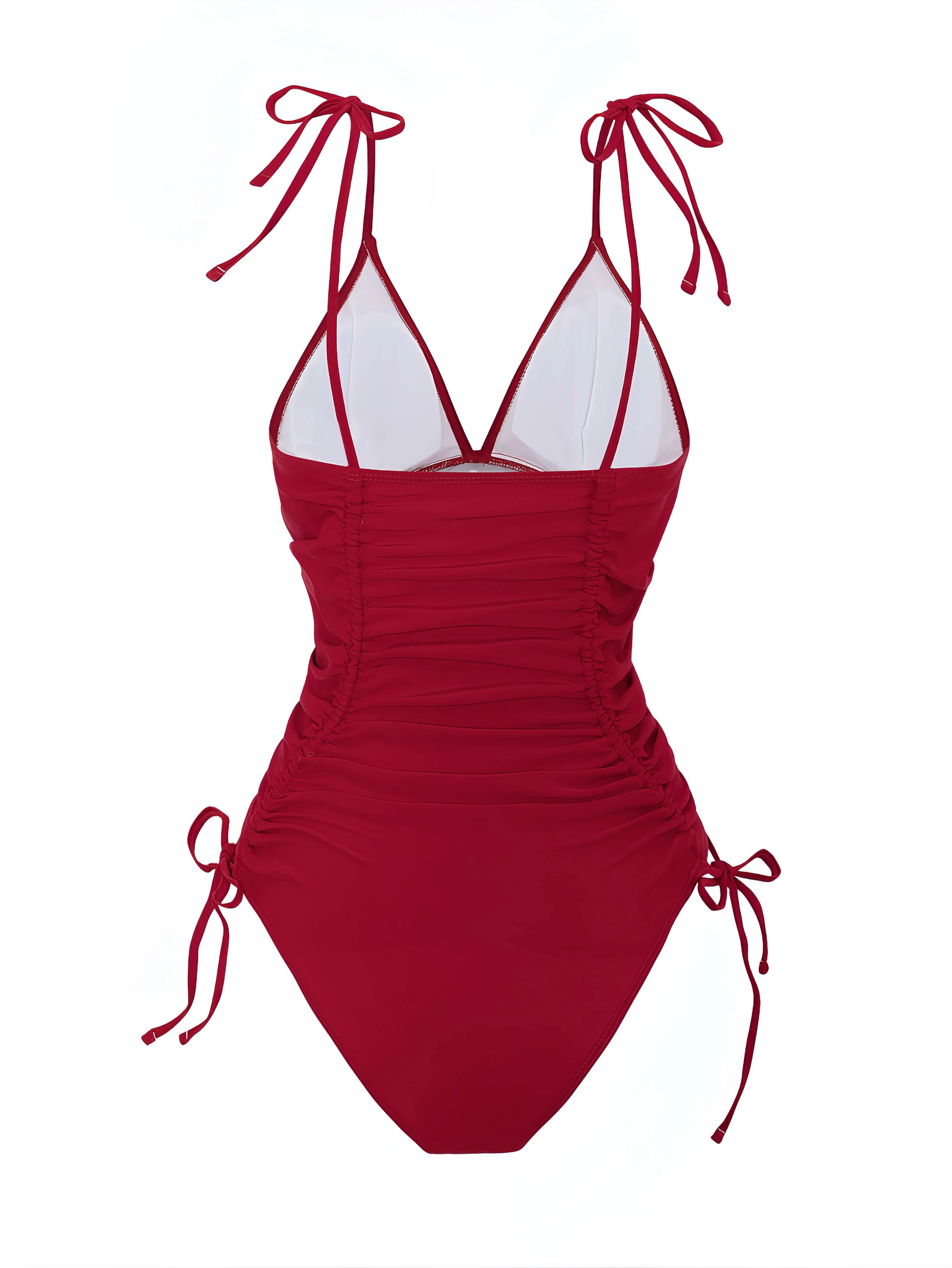 1950s Solid V-Neck Ruched One-Piece Swimsuit - Image 2