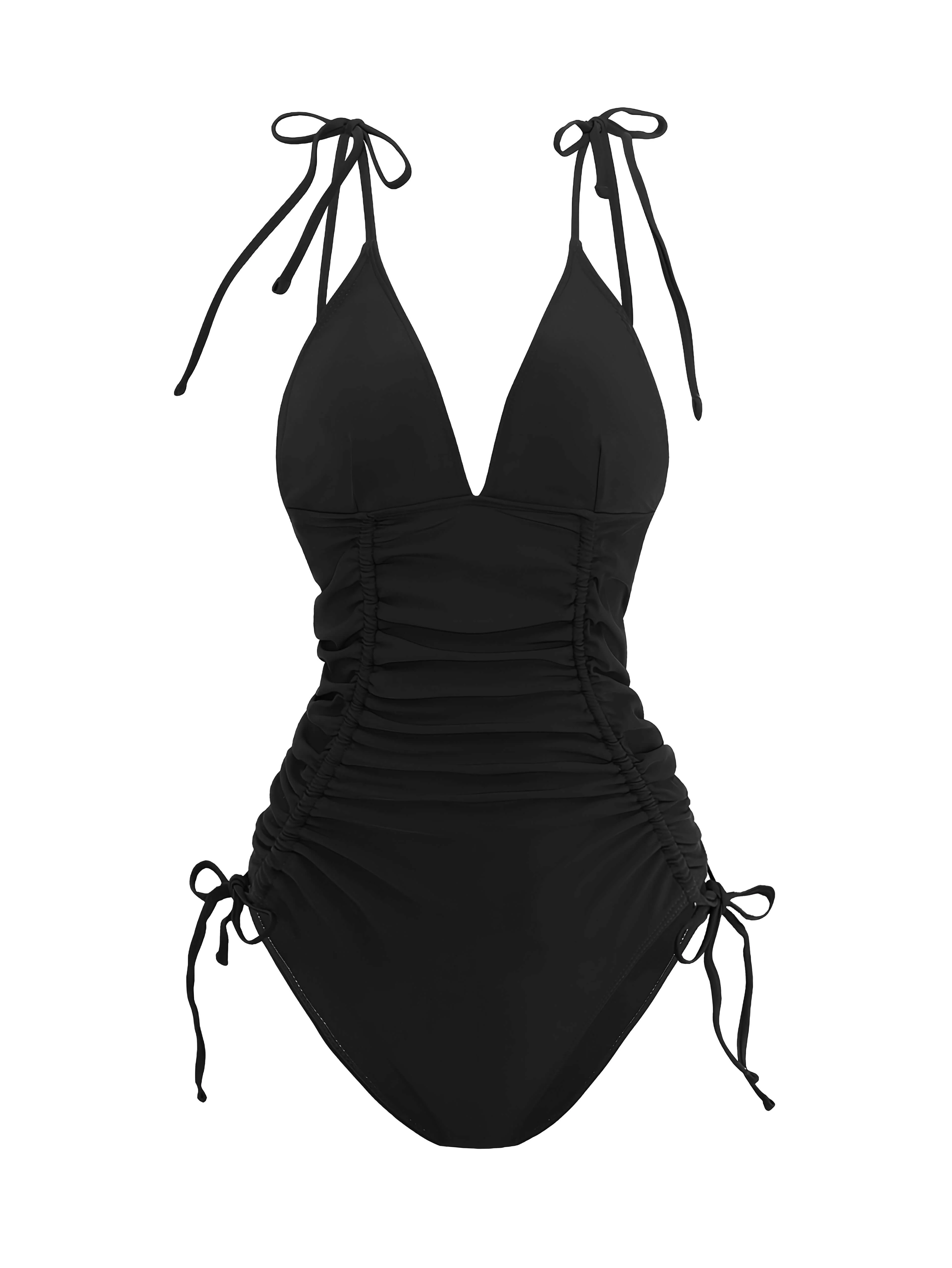 1950s Solid V-Neck Ruched One-Piece Swimsuit - Image 6