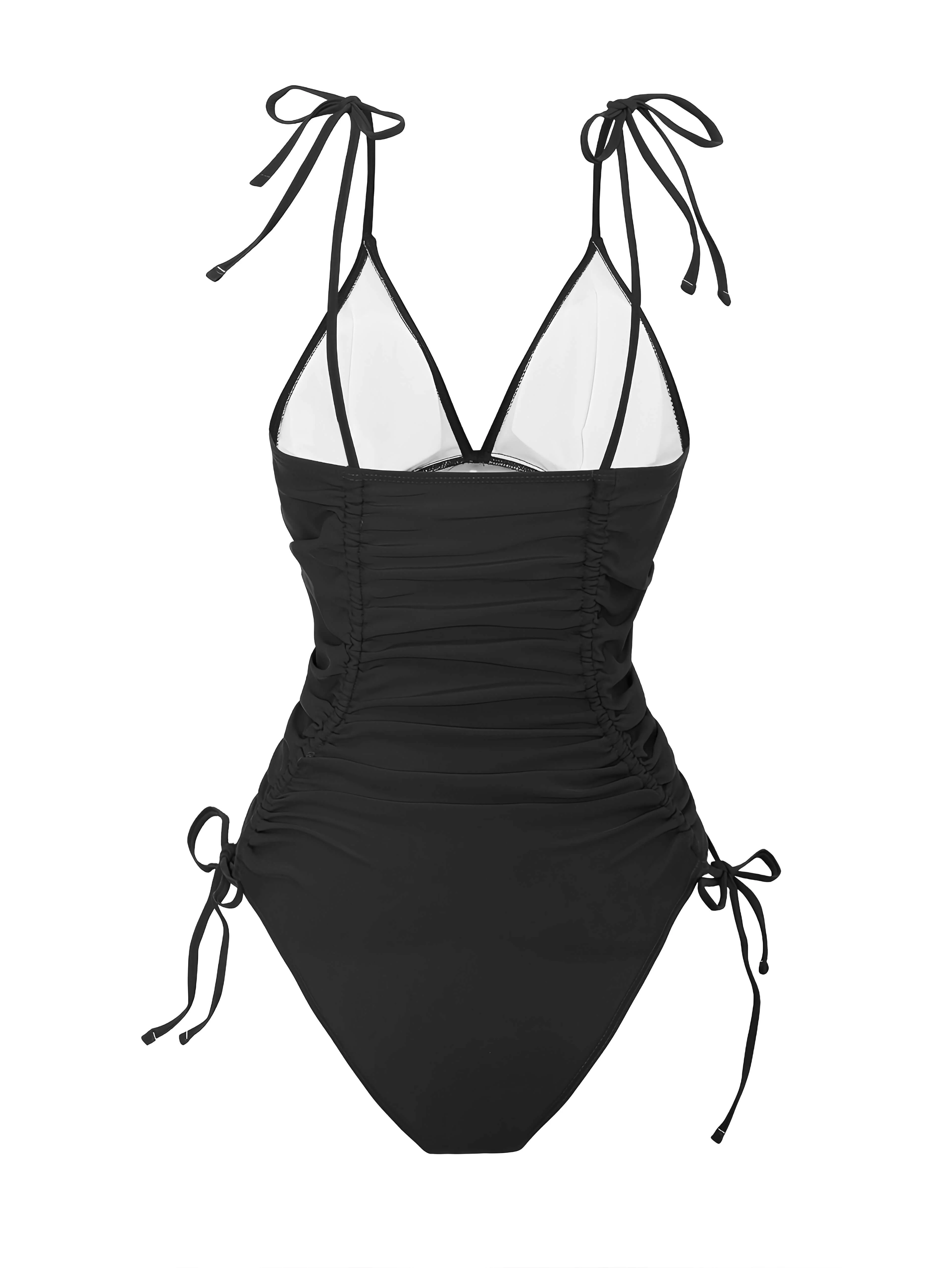 1950s Solid V-Neck Ruched One-Piece Swimsuit - Image 7
