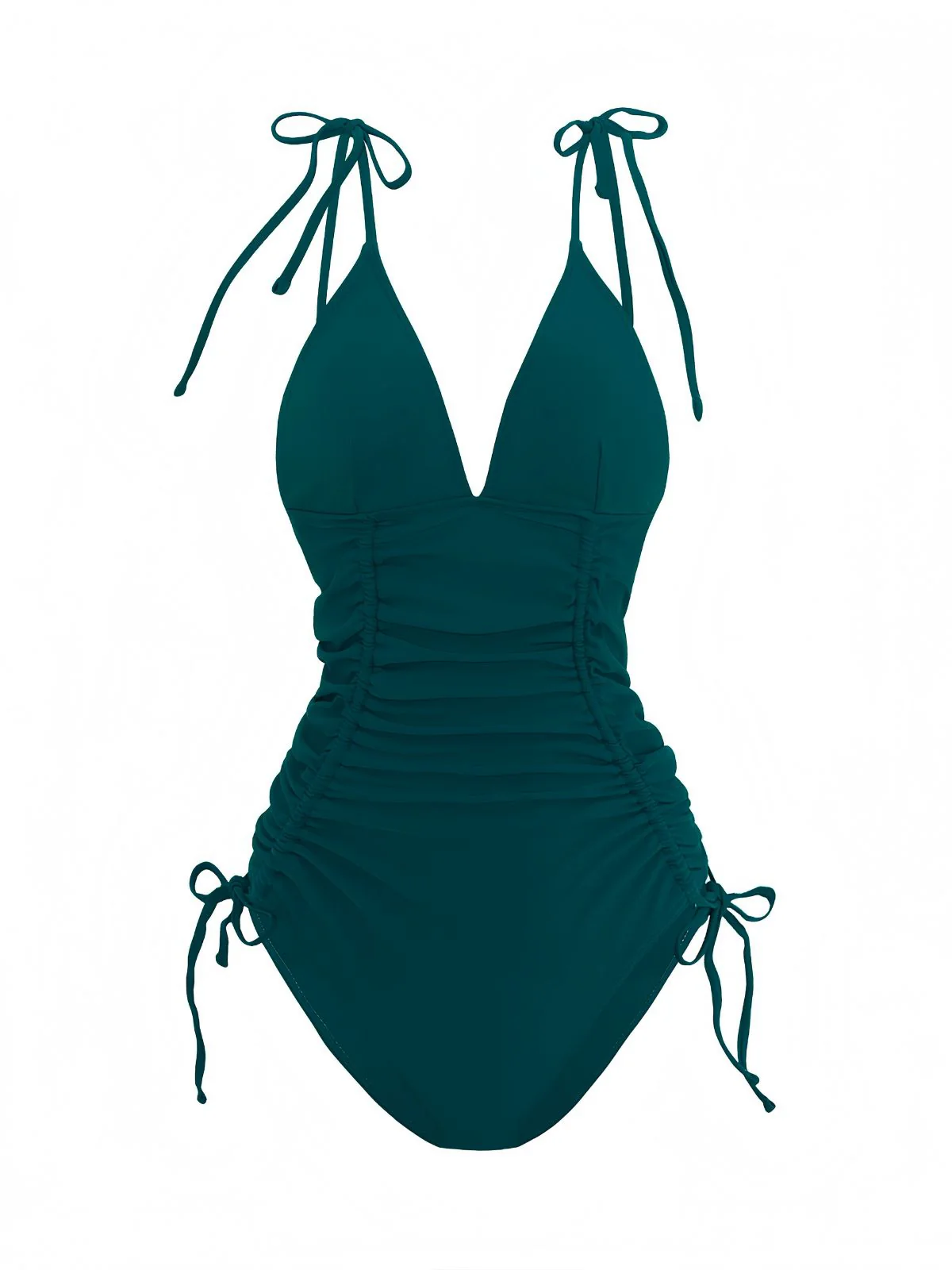 1950s Solid V-Neck Ruched One-Piece Swimsuit - Image 8