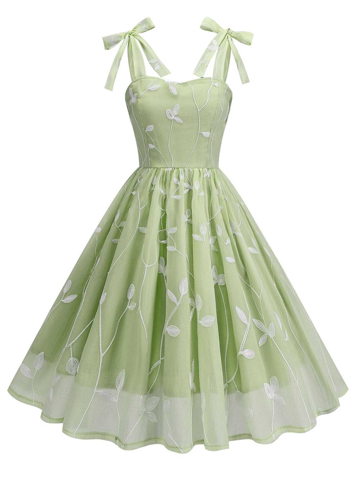 1950s Spaghetti Strap Bow Leaves Mesh Dress - Image 13