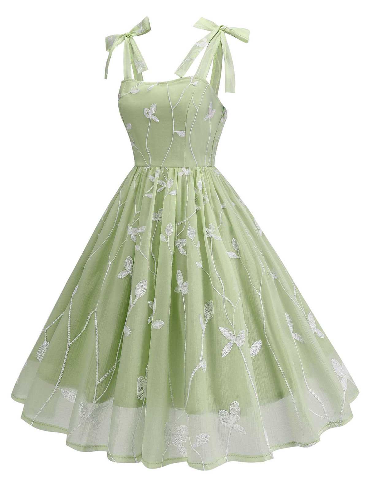 1950s Spaghetti Strap Bow Leaves Mesh Dress - Image 14