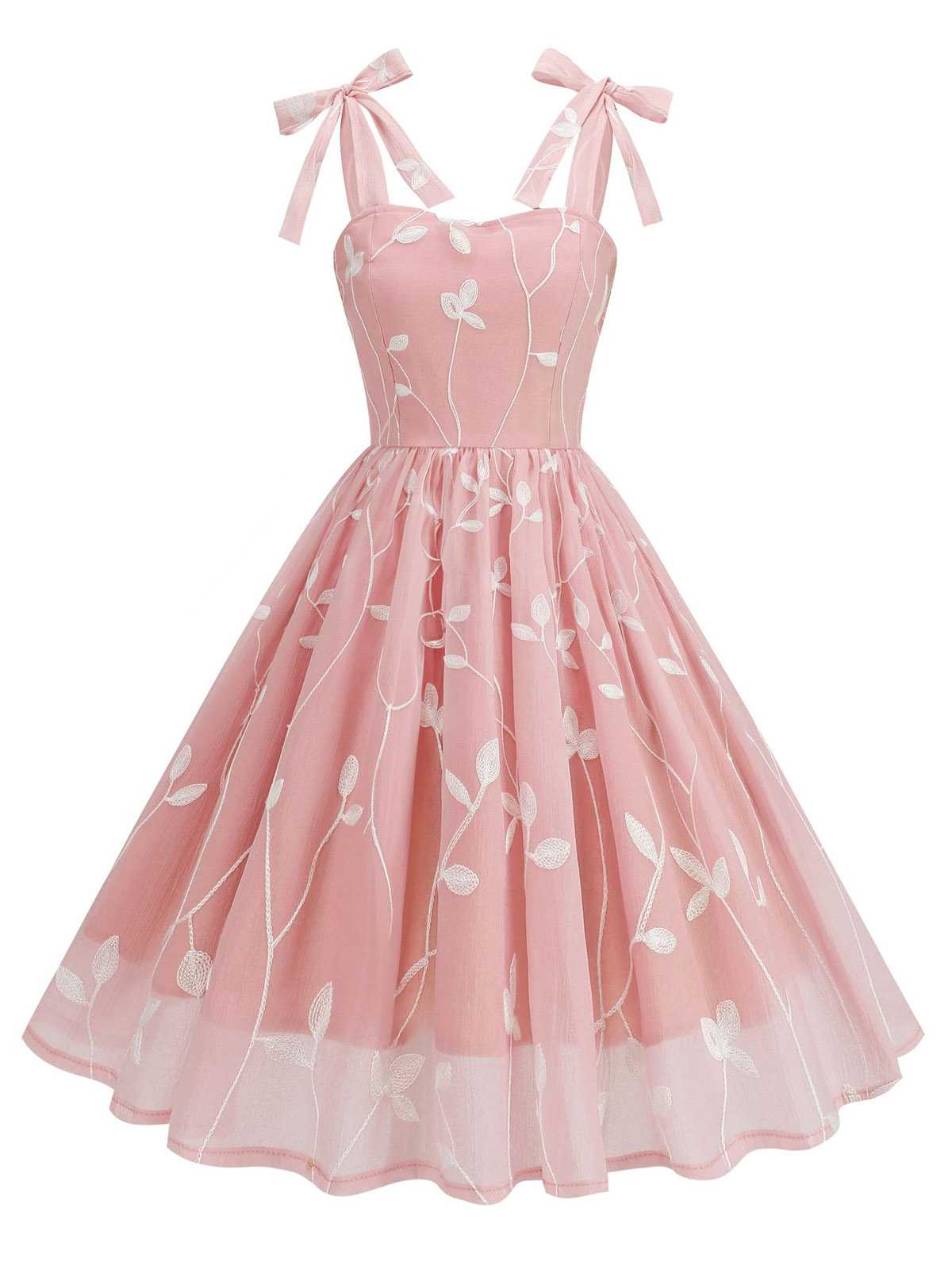 1950s Spaghetti Strap Bow Leaves Mesh Dress - Image 5