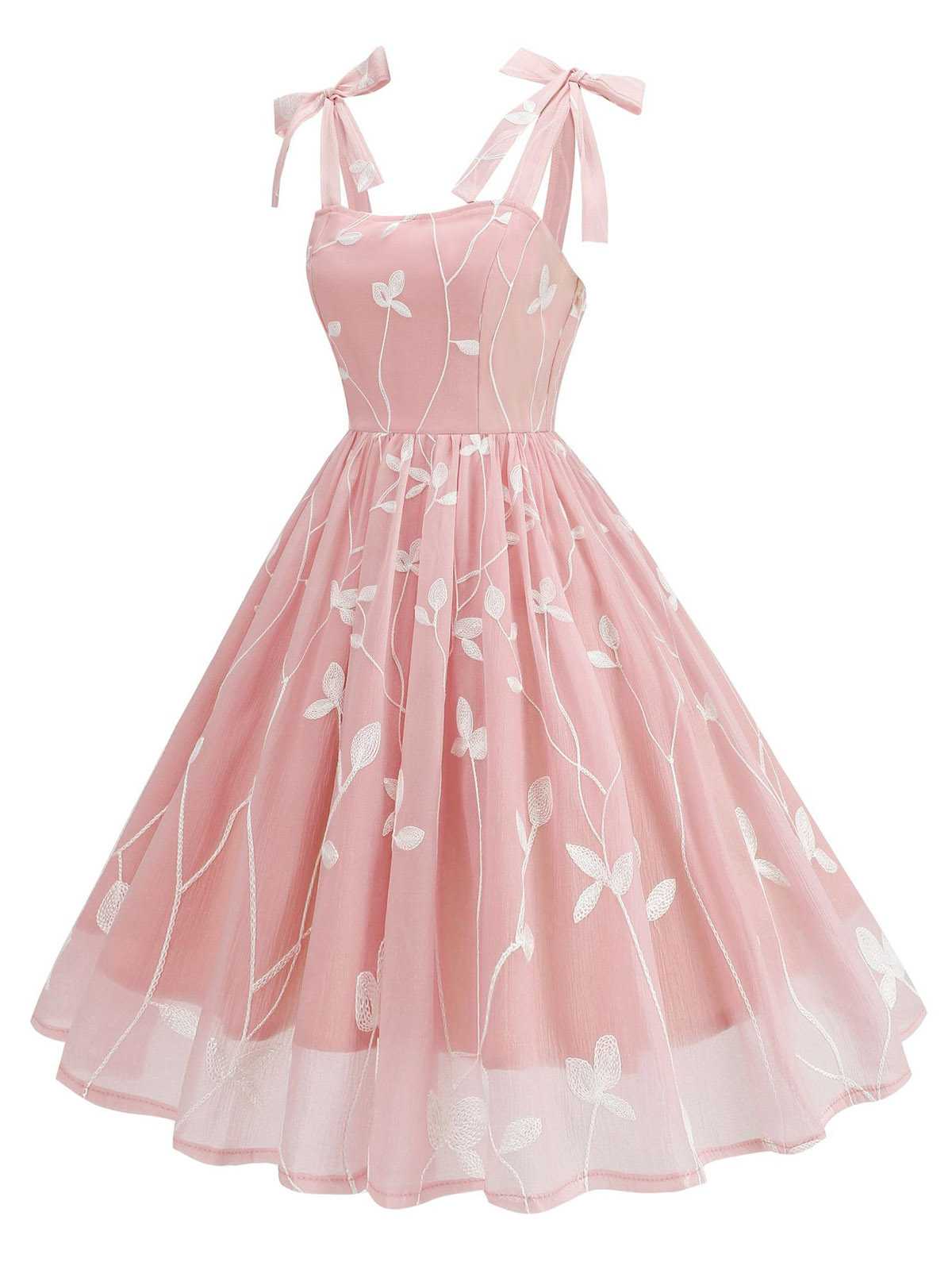 1950s Spaghetti Strap Bow Leaves Mesh Dress - Image 6