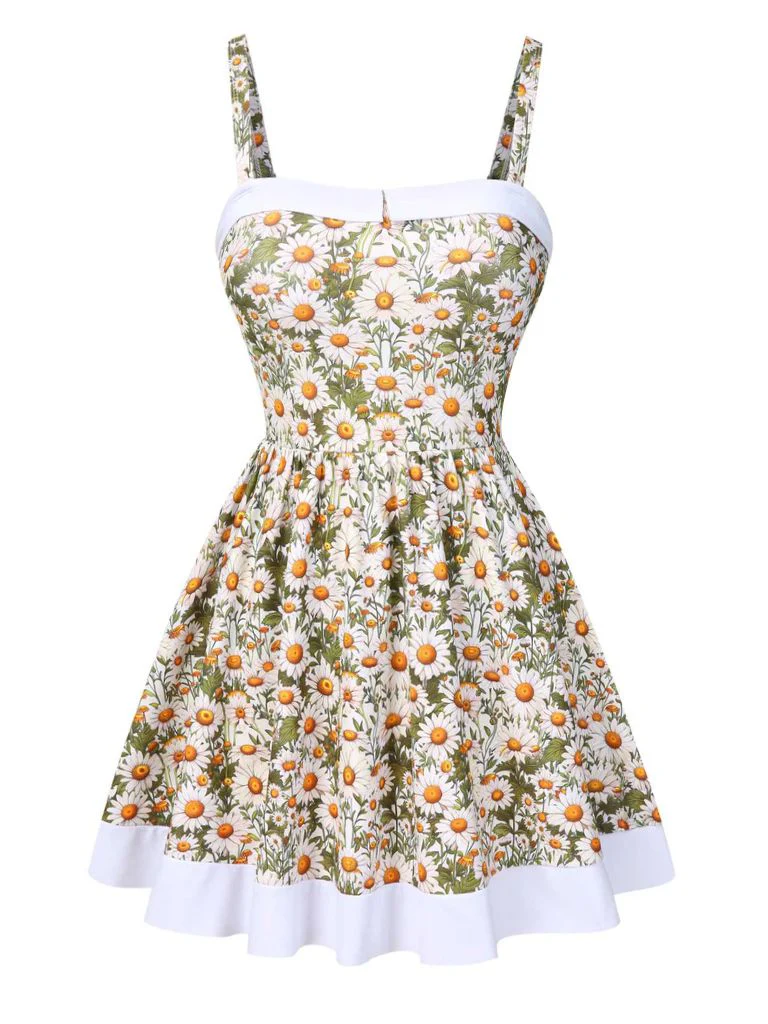 1950s Spaghetti Strap Daisy Binding Swimdress - Image 2