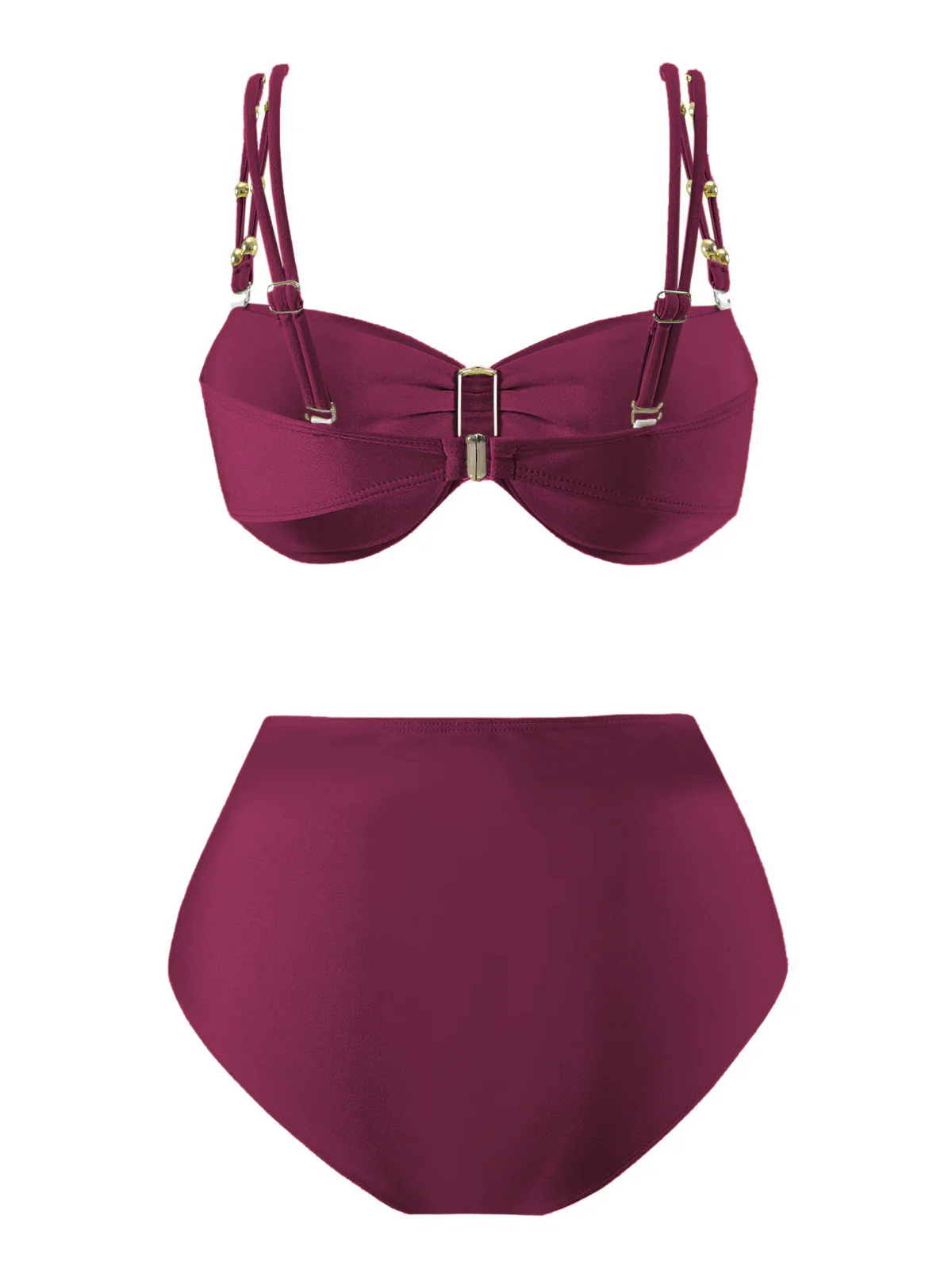 1950s Spaghetti Strap Jewel High-Waist Solid Bikini Set - Image 3