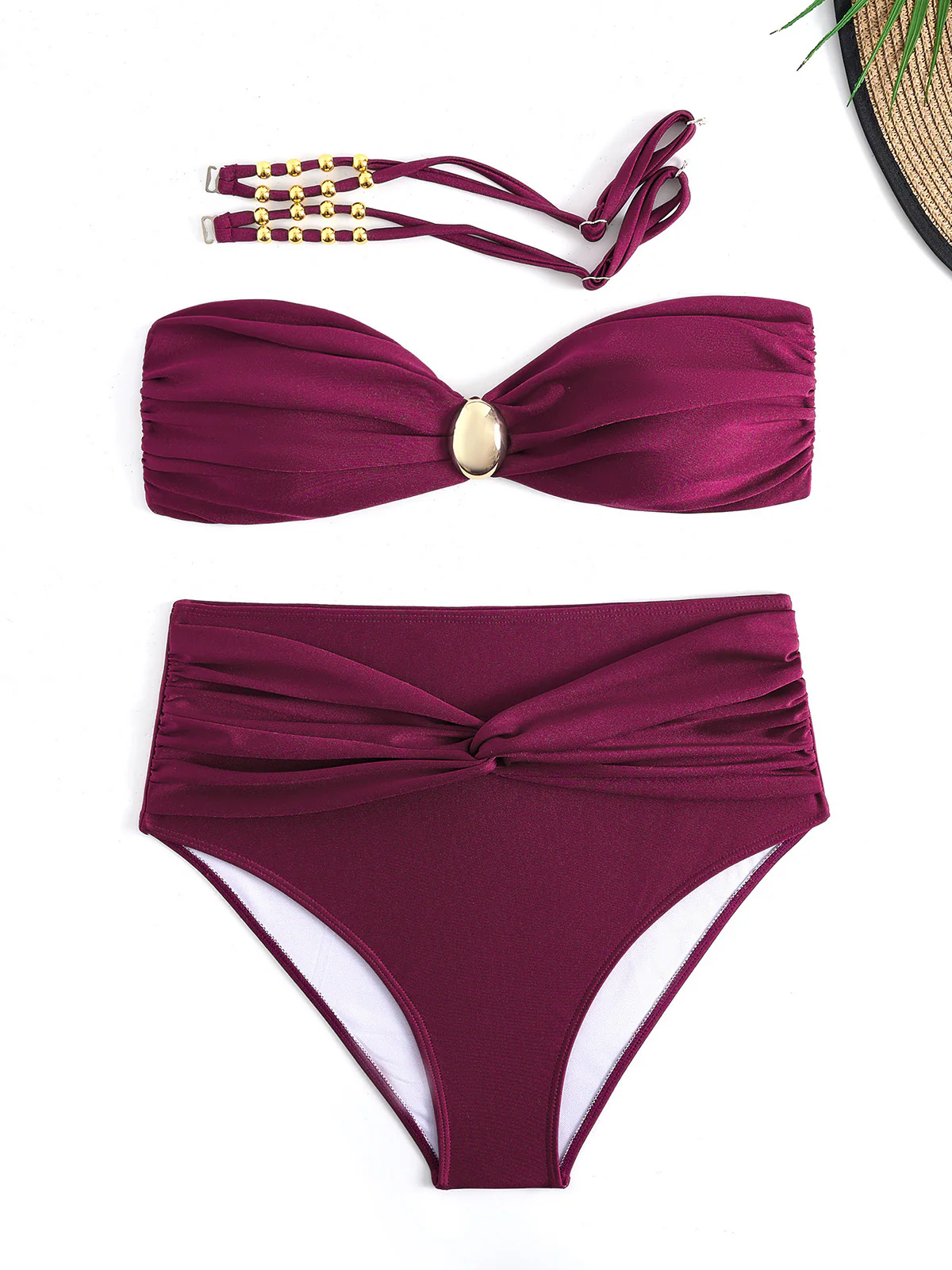 1950s Spaghetti Strap Jewel High-Waist Solid Bikini Set - Image 4