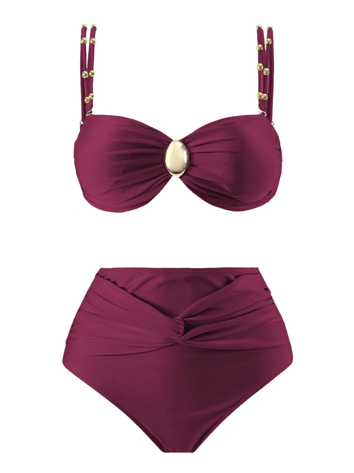 1950s Spaghetti Strap Jewel High-Waist Solid Bikini Set - Image 6