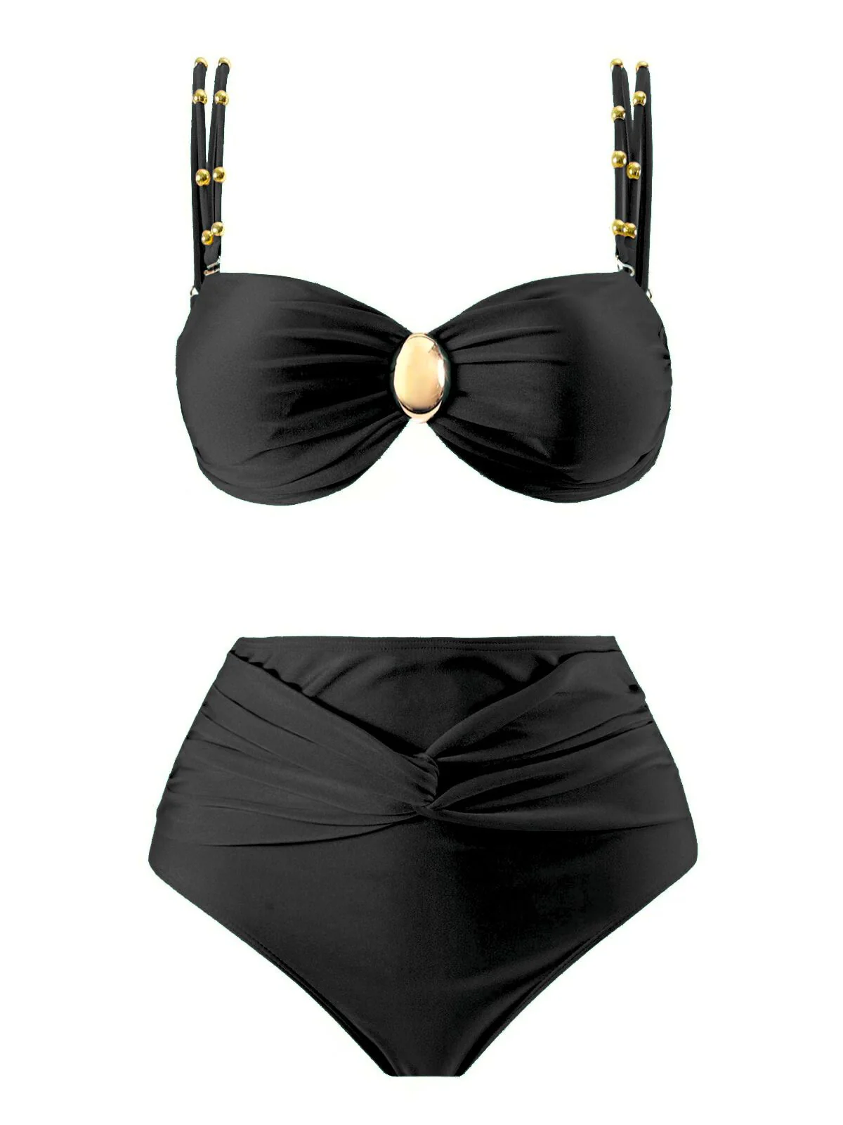 1950s Spaghetti Strap Jewel High-Waist Solid Bikini Set - Image 7