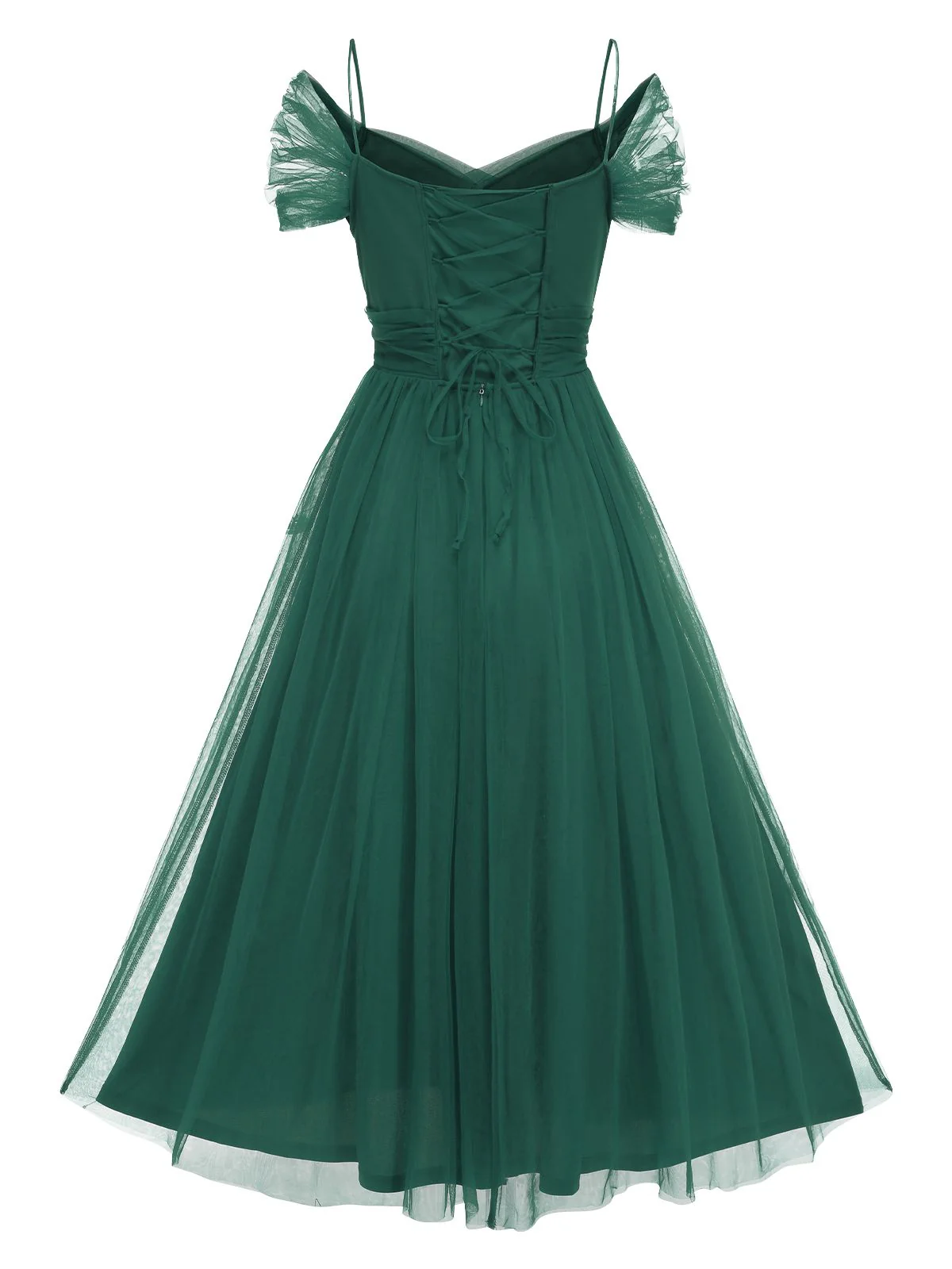 1950s Spaghetti Strap Off-Shoulder Mesh Dress - Image 10
