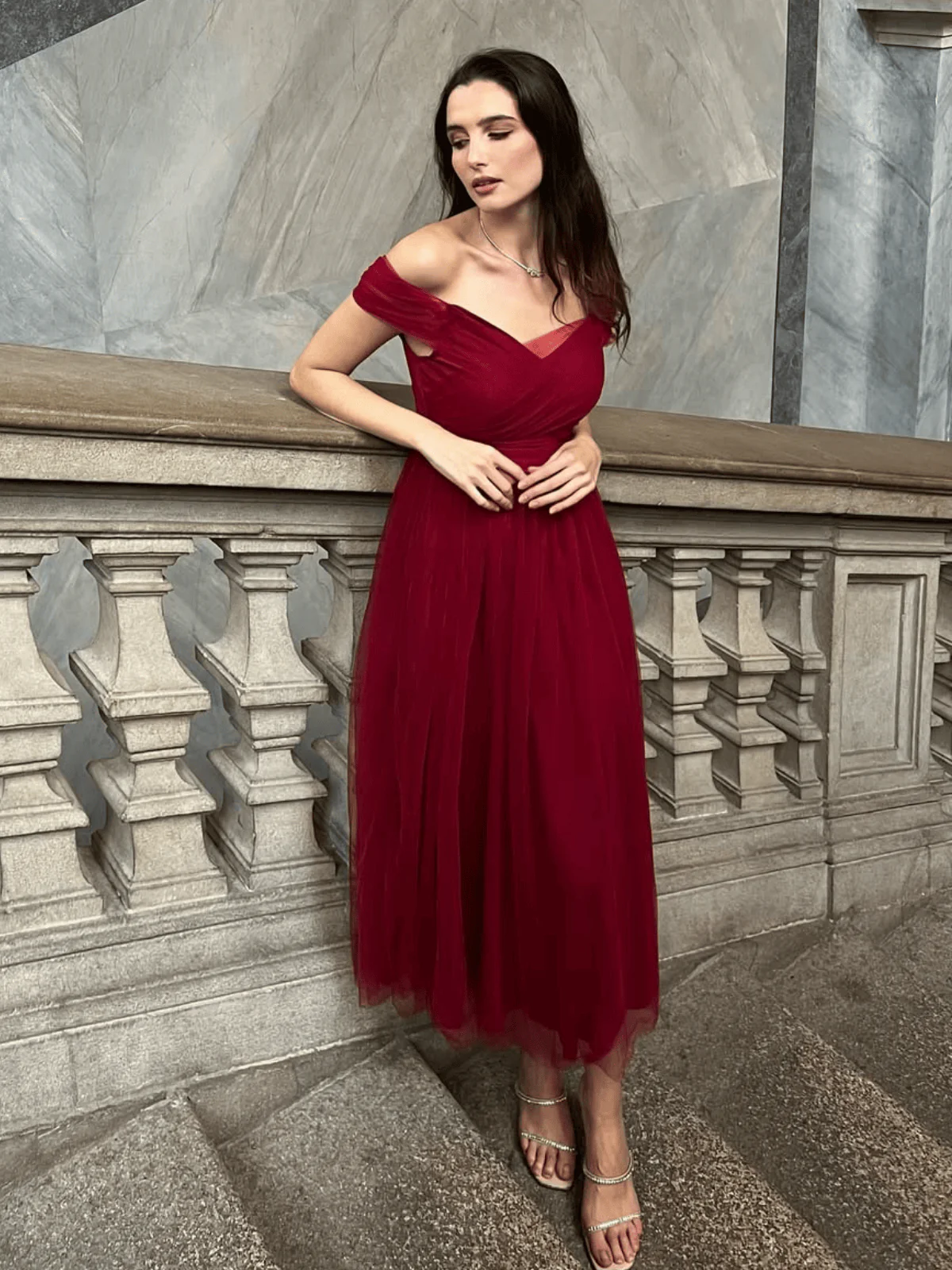 1950s Spaghetti Strap Off-Shoulder Mesh Dress - Image 2