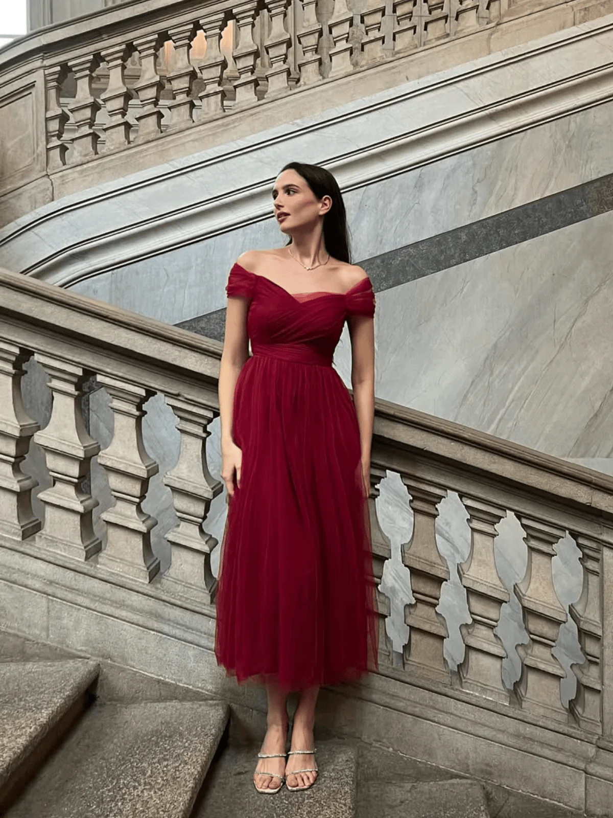 1950s Spaghetti Strap Off-Shoulder Mesh Dress - Image 3
