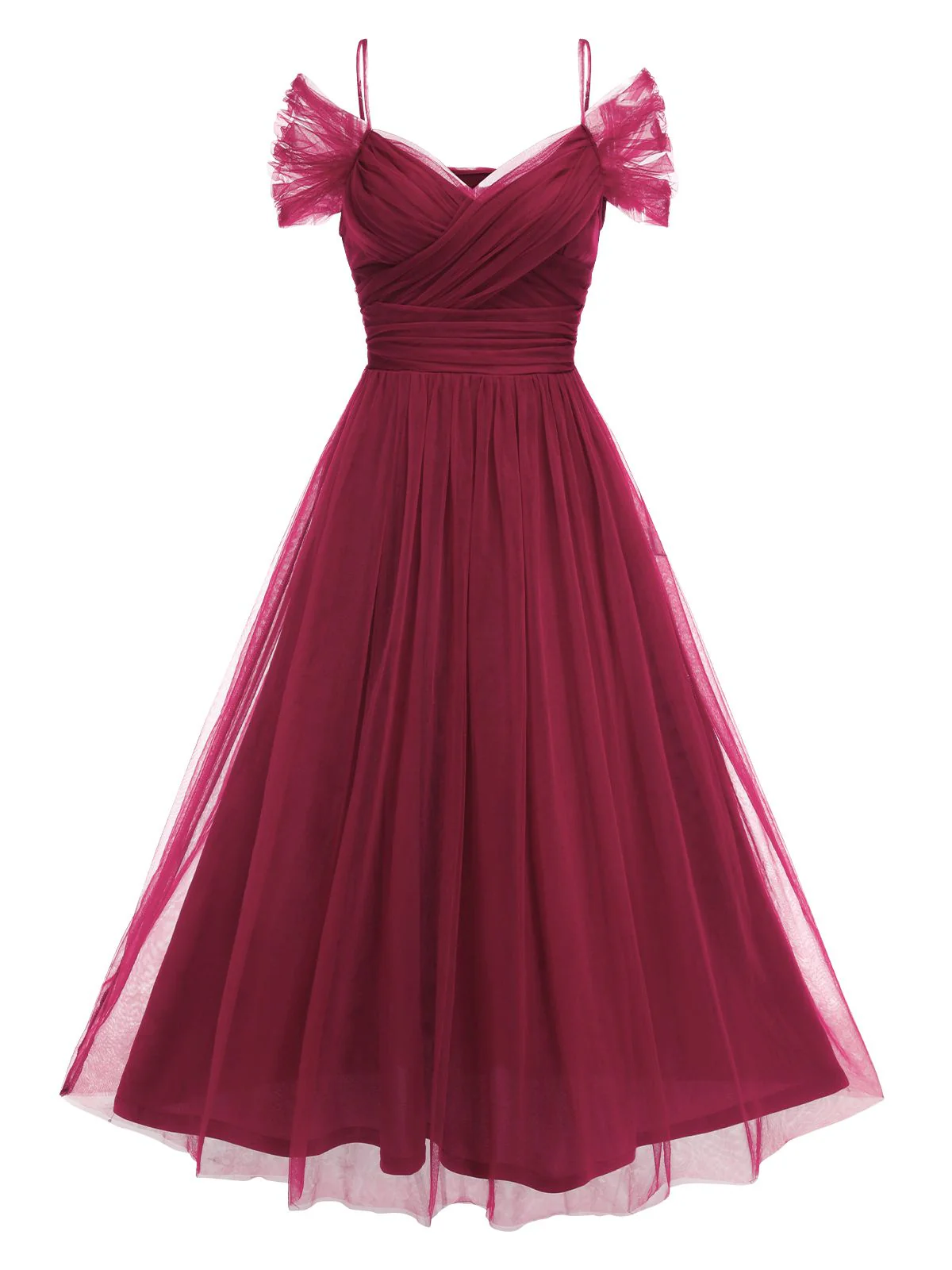1950s Spaghetti Strap Off-Shoulder Mesh Dress - Image 4