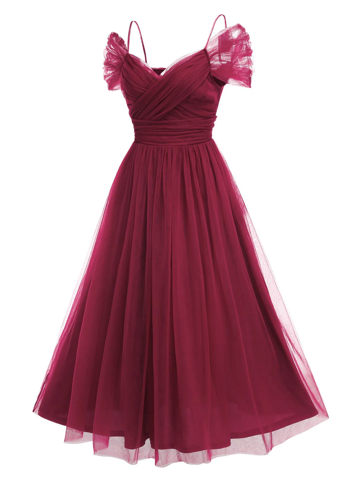 1950s Spaghetti Strap Off-Shoulder Mesh Dress - Image 5