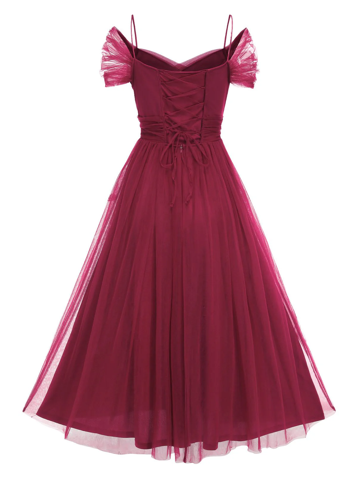 1950s Spaghetti Strap Off-Shoulder Mesh Dress - Image 6