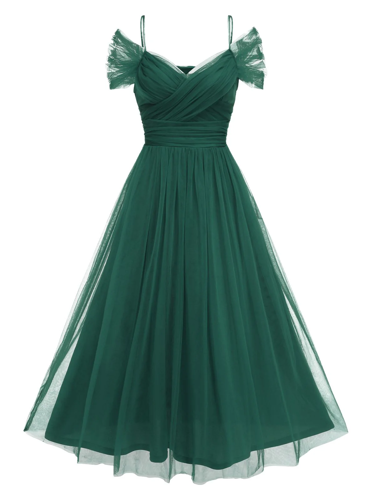 1950s Spaghetti Strap Off-Shoulder Mesh Dress - Image 8