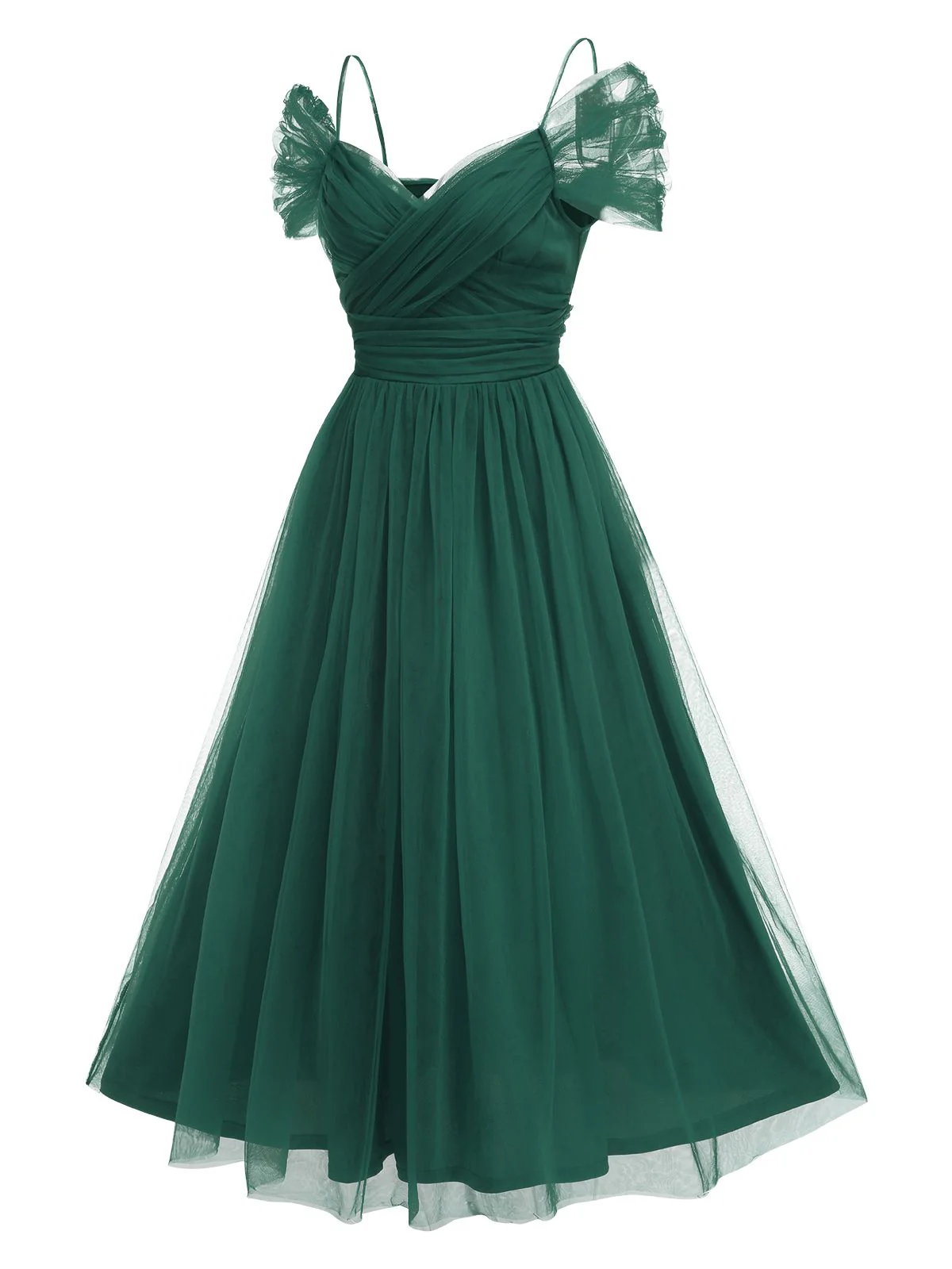 1950s Spaghetti Strap Off-Shoulder Mesh Dress - Image 9