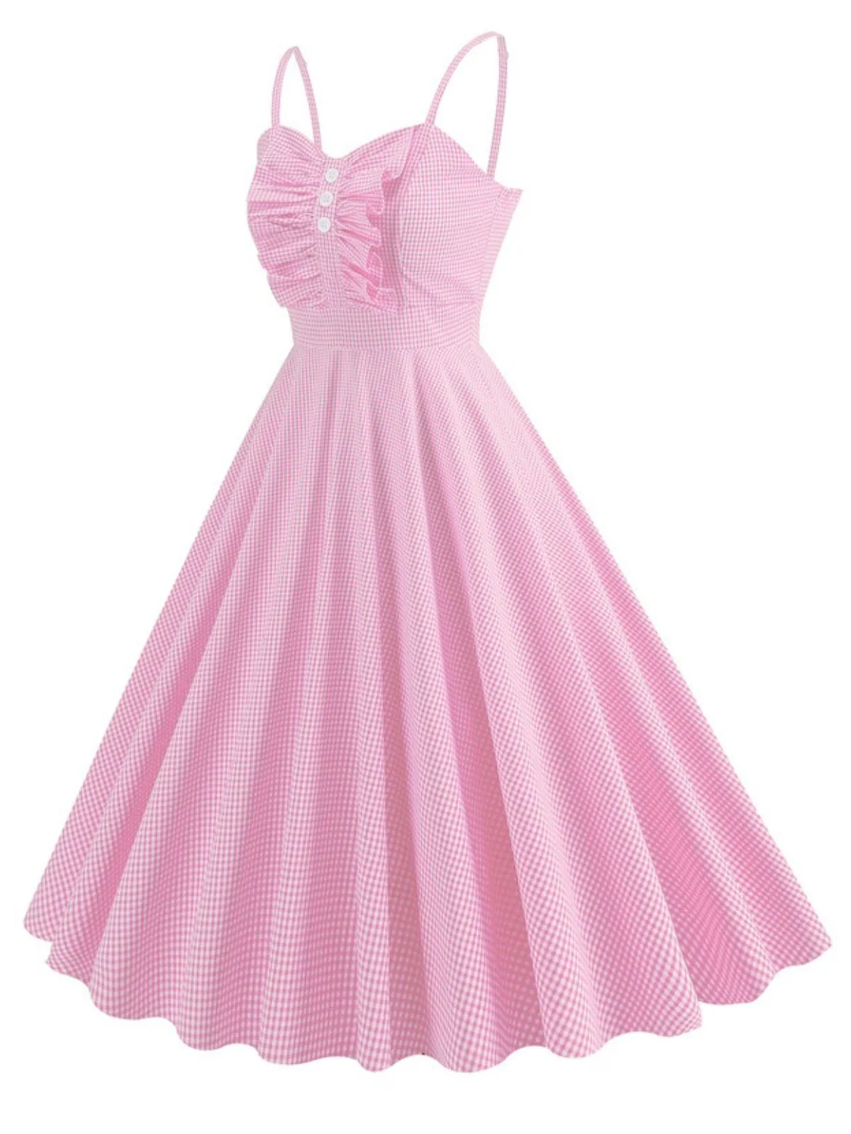 1950s Spaghetti Strap Plaids Button Swing Dress - Image 5