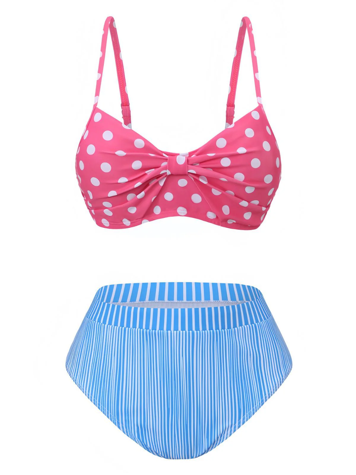 1950s Spaghetti Strap Polka Dot Striped Bow Bikini Set - Image 2