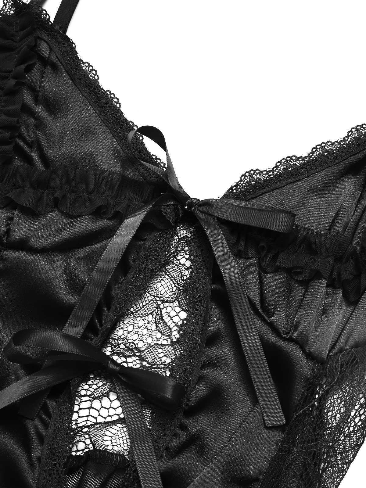 1950s Spaghetti Strap Sheer Lace Satin Bow Nightgown - Image 10