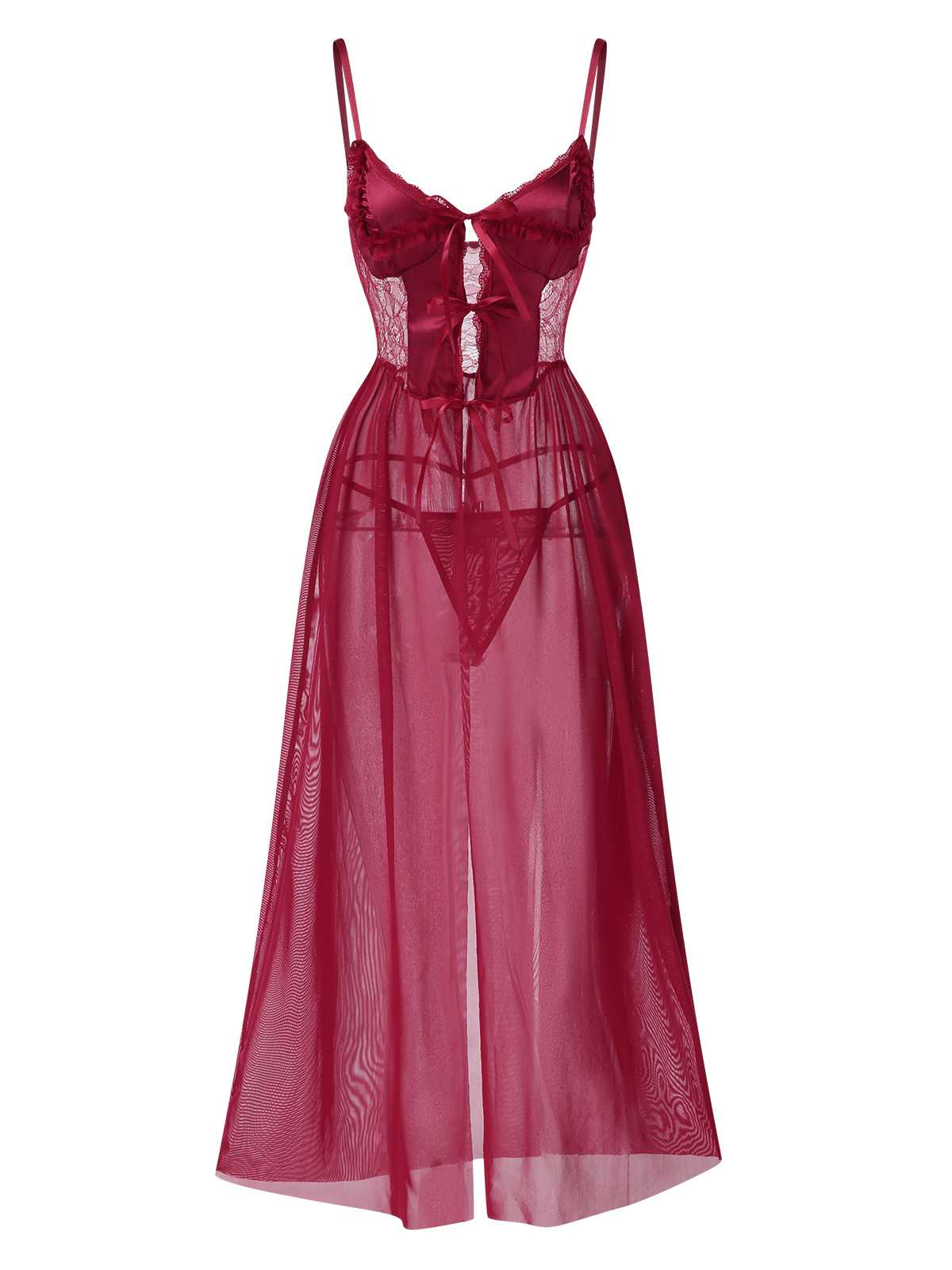 1950s Spaghetti Strap Sheer Lace Satin Bow Nightgown - Image 2