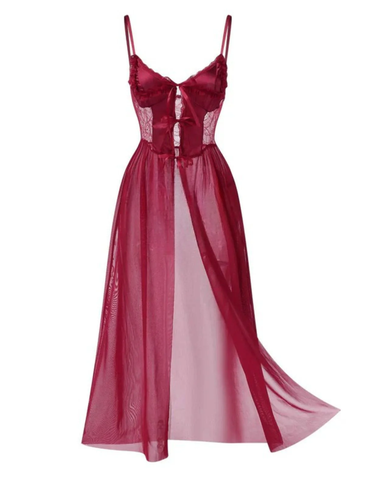 1950s Spaghetti Strap Sheer Lace Satin Bow Nightgown - Image 4